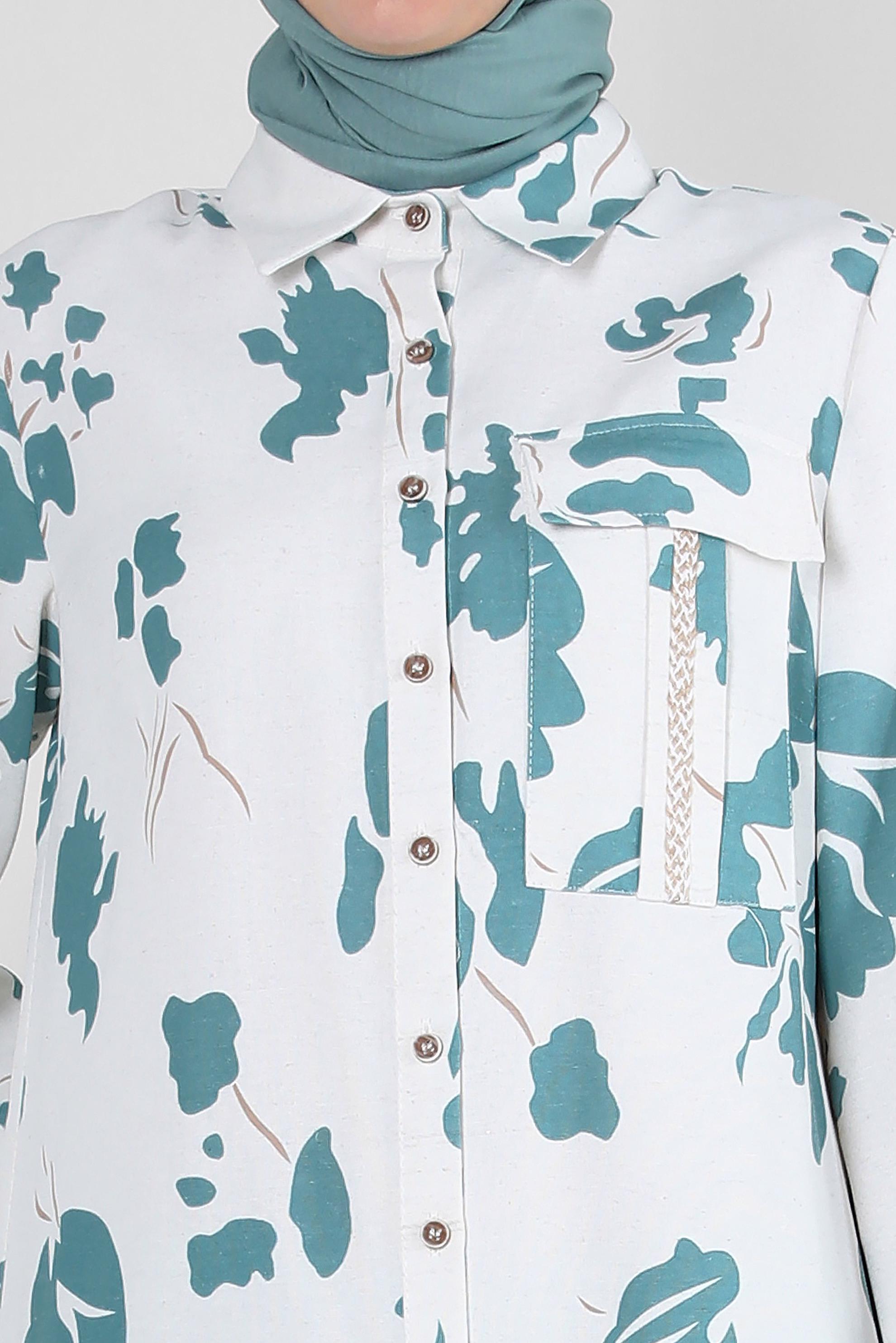 Tesettür giyim MAVİ DESENLİ DÜĞMELİ GENİŞ KOL UZUN TUNİK 43758