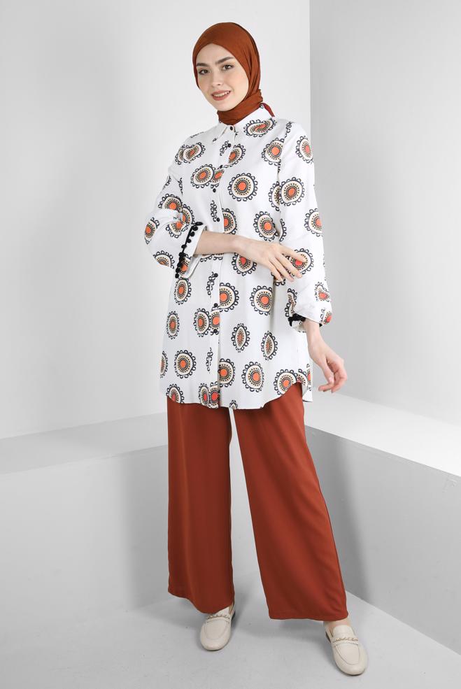 Tesettür giyim  DESENLİ PONPON DETAYLI GÖMLEK TUNİK 43759 - ALVİNA