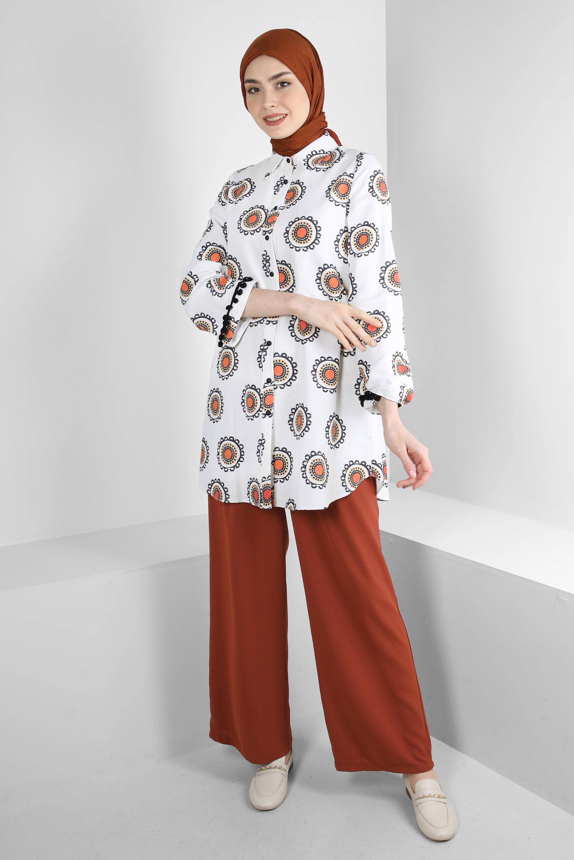 Tesettür giyim TURUNCU DESENLİ PONPON DETAYLI GÖMLEK TUNİK 43759