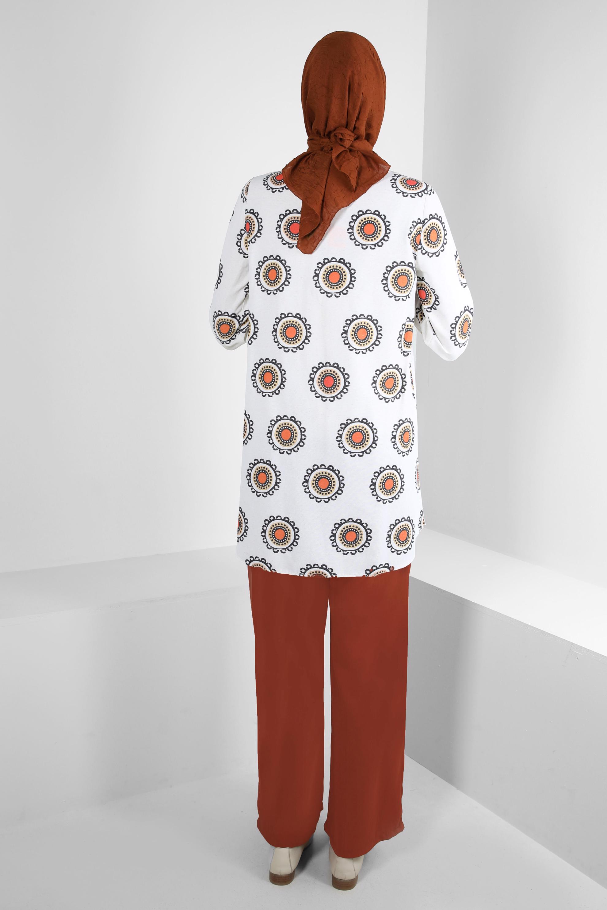 Tesettür giyim TURUNCU DESENLİ PONPON DETAYLI GÖMLEK TUNİK 43759