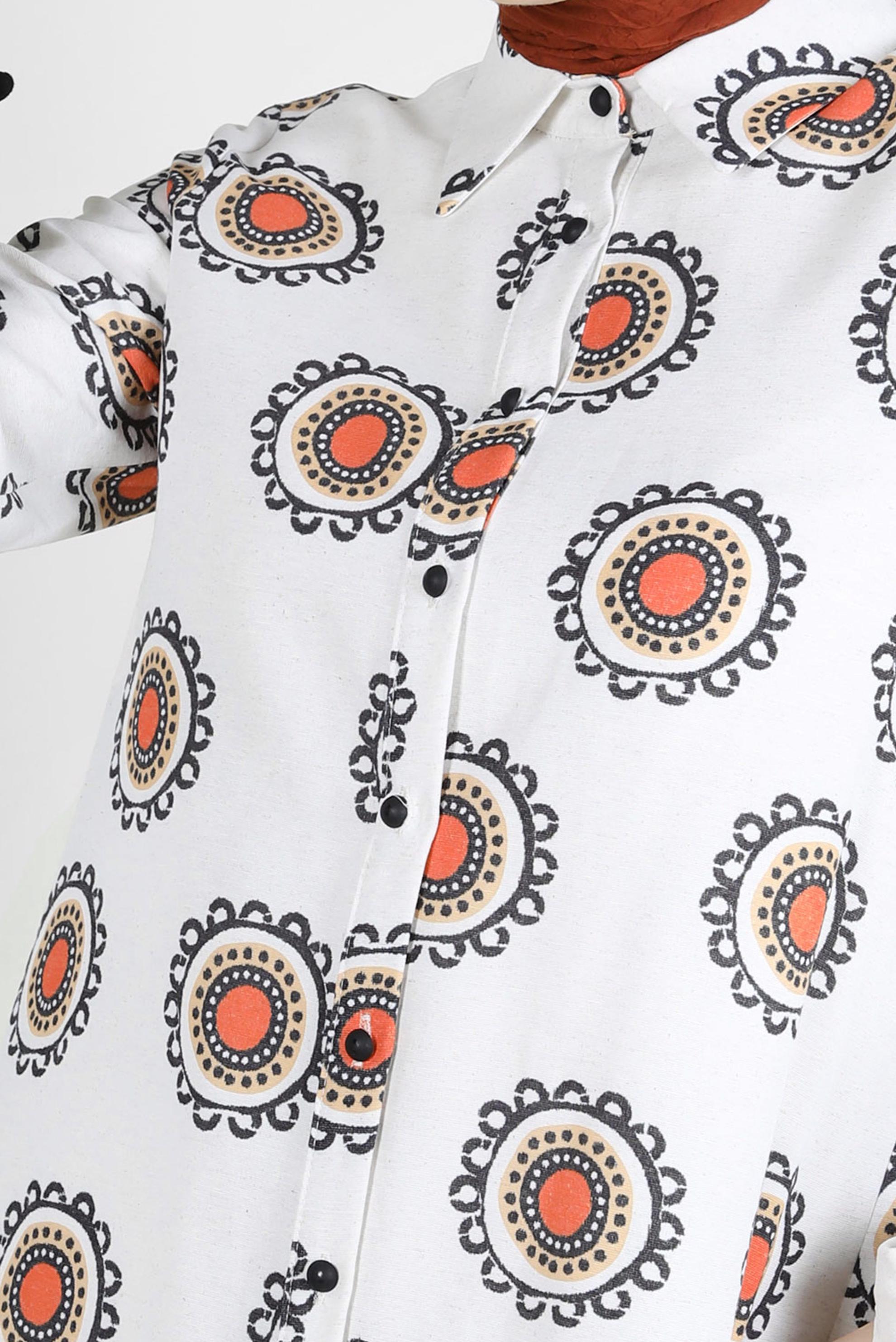 Tesettür giyim TURUNCU DESENLİ PONPON DETAYLI GÖMLEK TUNİK 43759