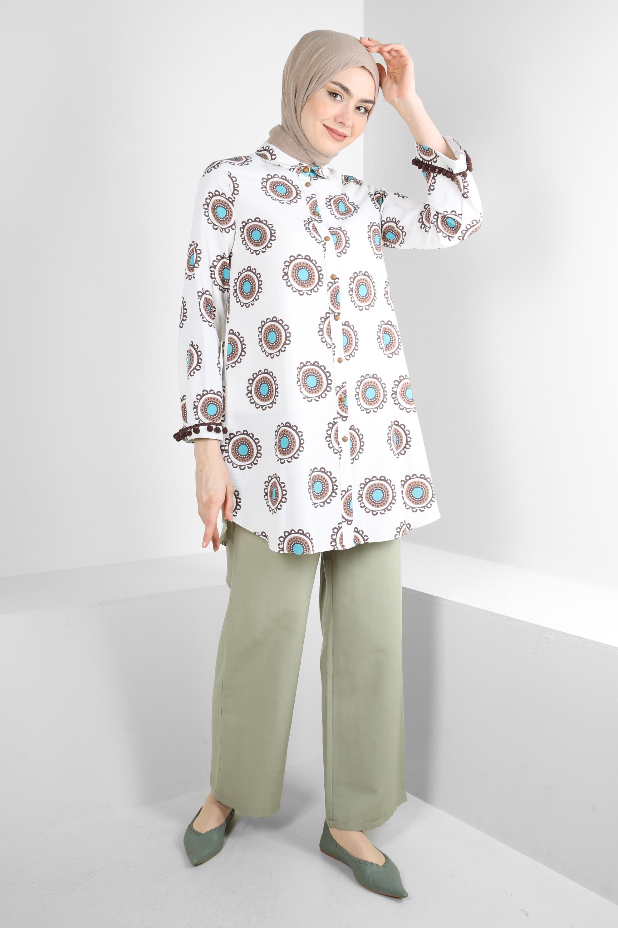 Tesettür giyim KAHVE DESENLİ PONPON DETAYLI GÖMLEK TUNİK 43759