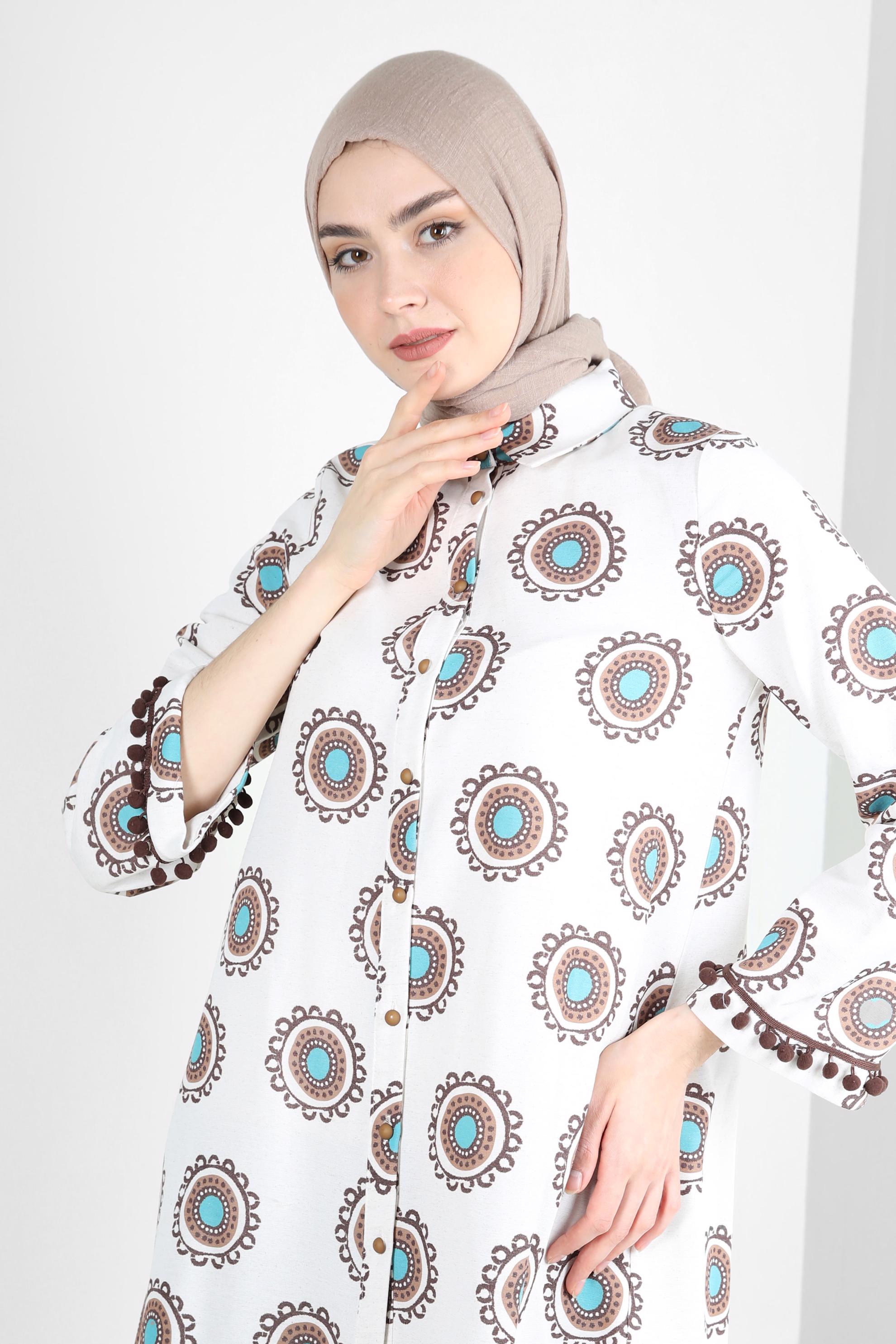 Tesettür giyim KAHVE DESENLİ PONPON DETAYLI GÖMLEK TUNİK 43759