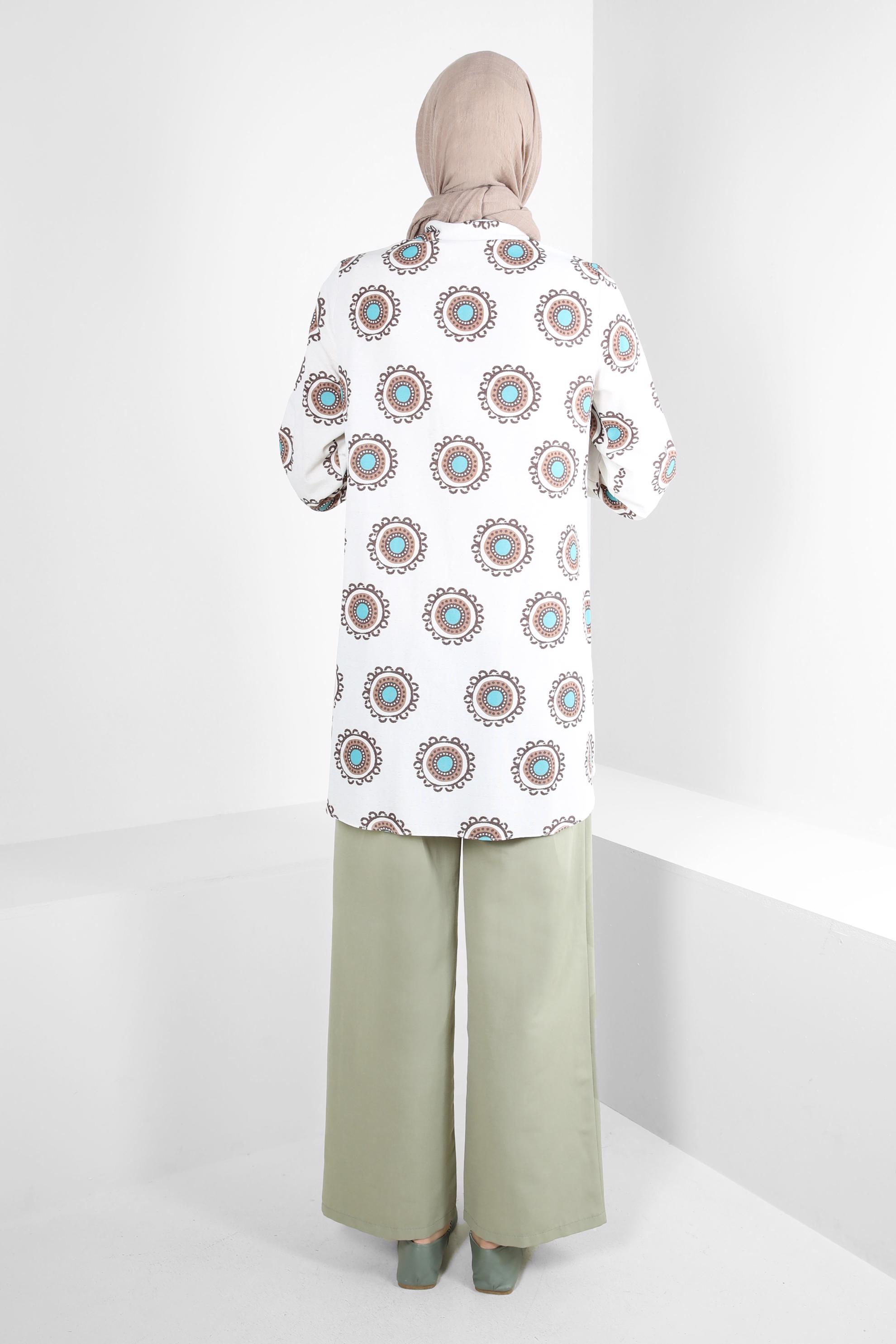 Tesettür giyim KAHVE DESENLİ PONPON DETAYLI GÖMLEK TUNİK 43759