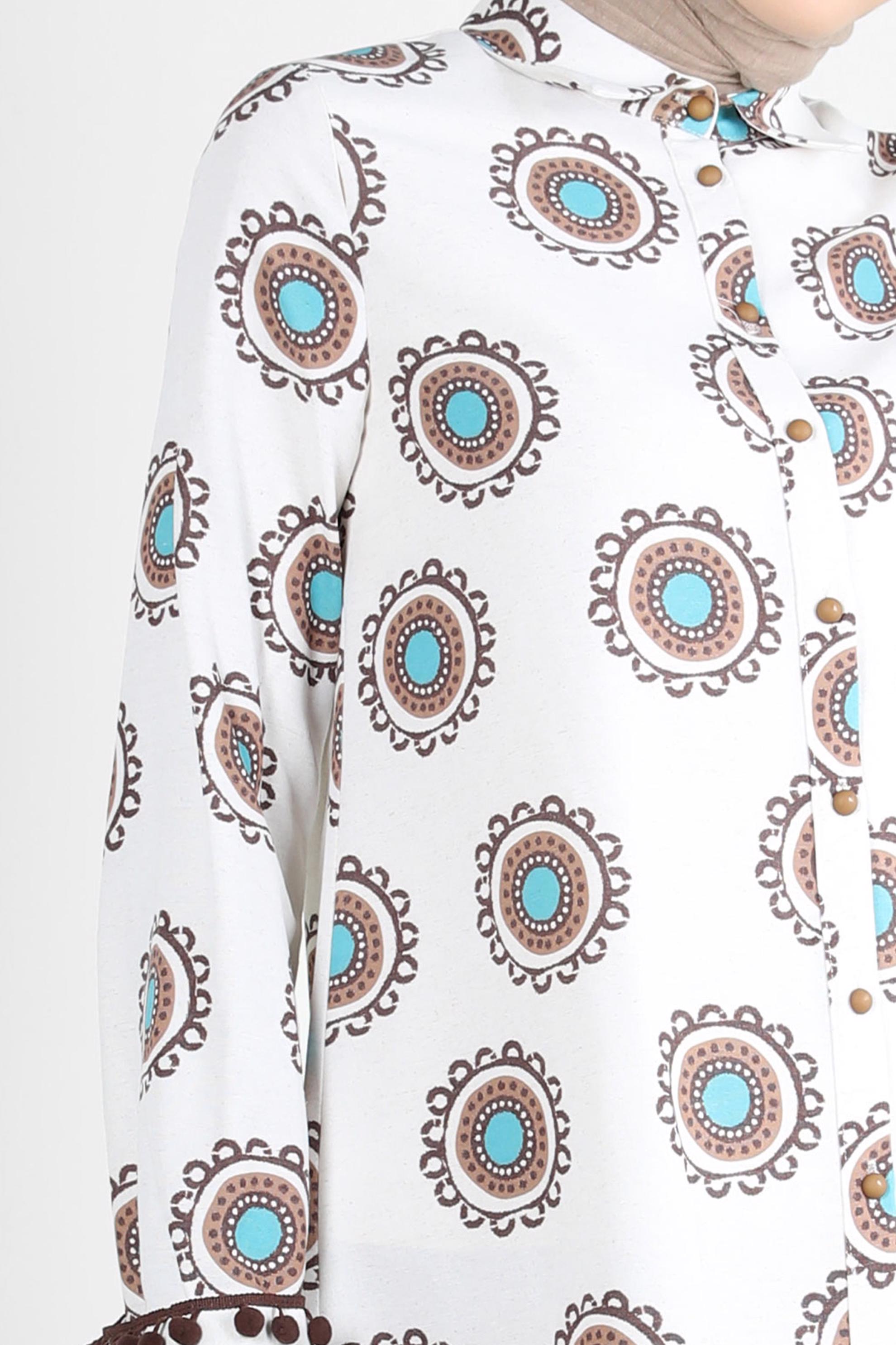 Tesettür giyim KAHVE DESENLİ PONPON DETAYLI GÖMLEK TUNİK 43759