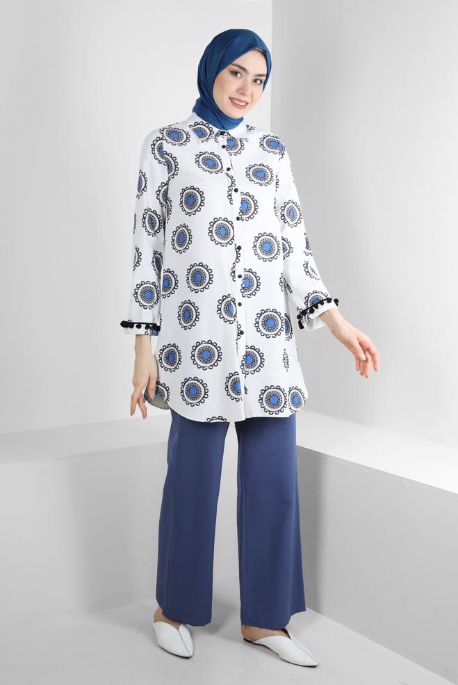 Tesettür giyim  DESENLİ PONPON DETAYLI GÖMLEK TUNİK 43759 - ALVİNA