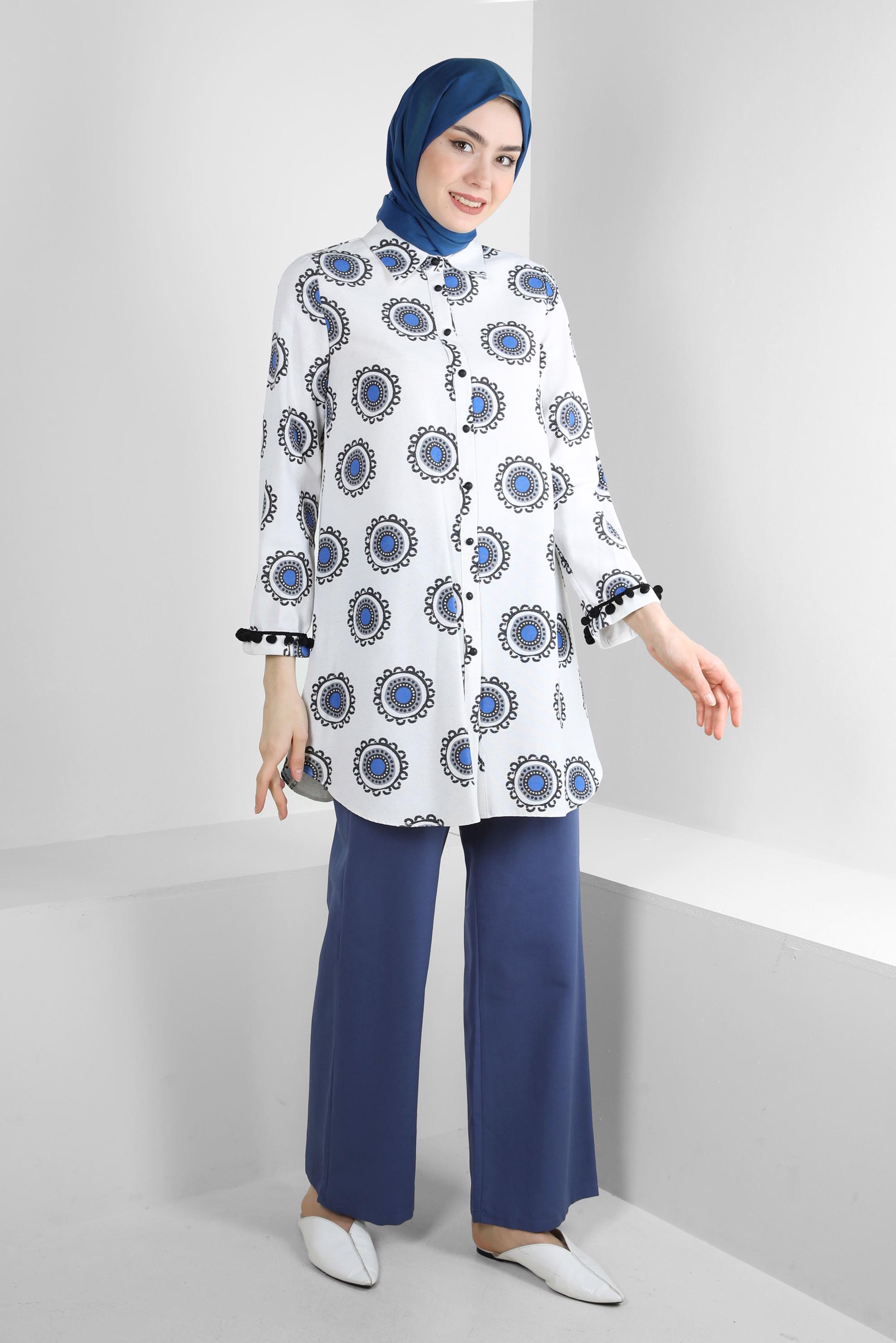 Tesettür giyim LACİVERT DESENLİ PONPON DETAYLI GÖMLEK TUNİK 43759