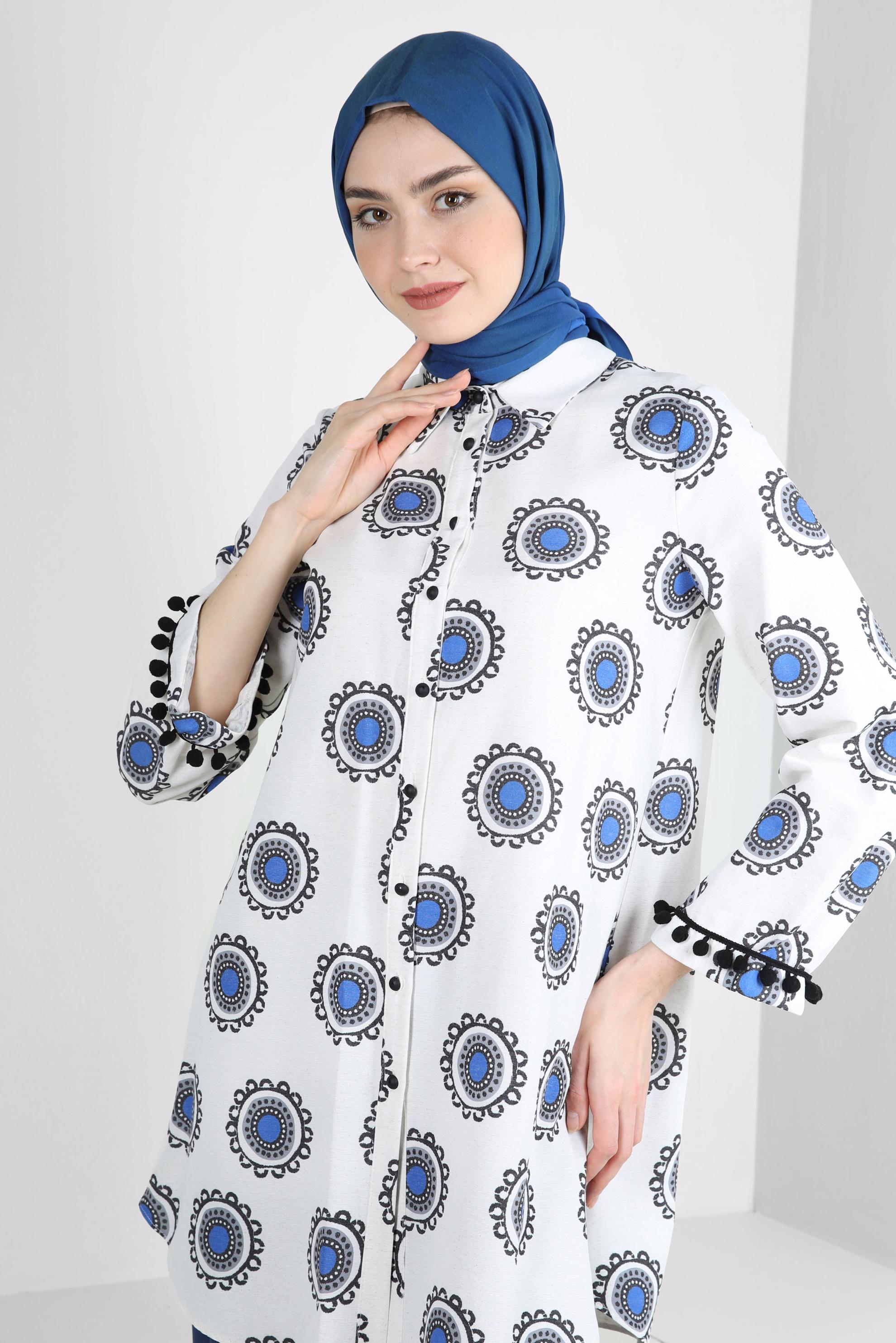 Tesettür giyim LACİVERT DESENLİ PONPON DETAYLI GÖMLEK TUNİK 43759