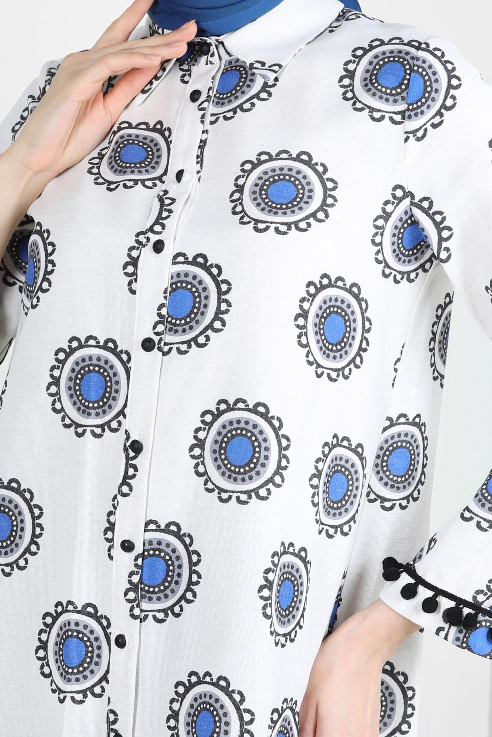 Tesettür giyim LACİVERT DESENLİ PONPON DETAYLI GÖMLEK TUNİK 43759