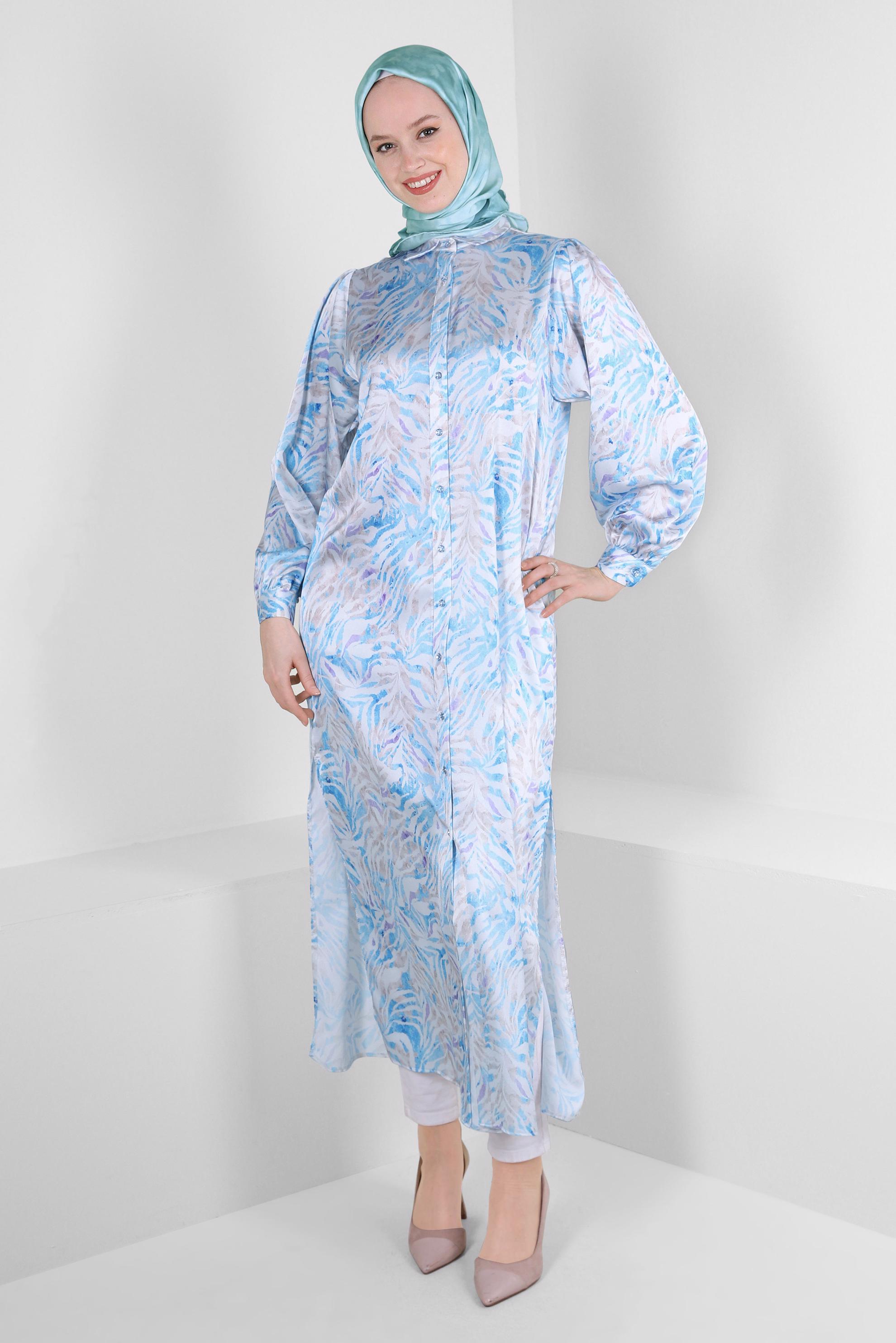 Tesettür giyim MAVİ DESENLİ SATEN UZUN TUNİK 43760