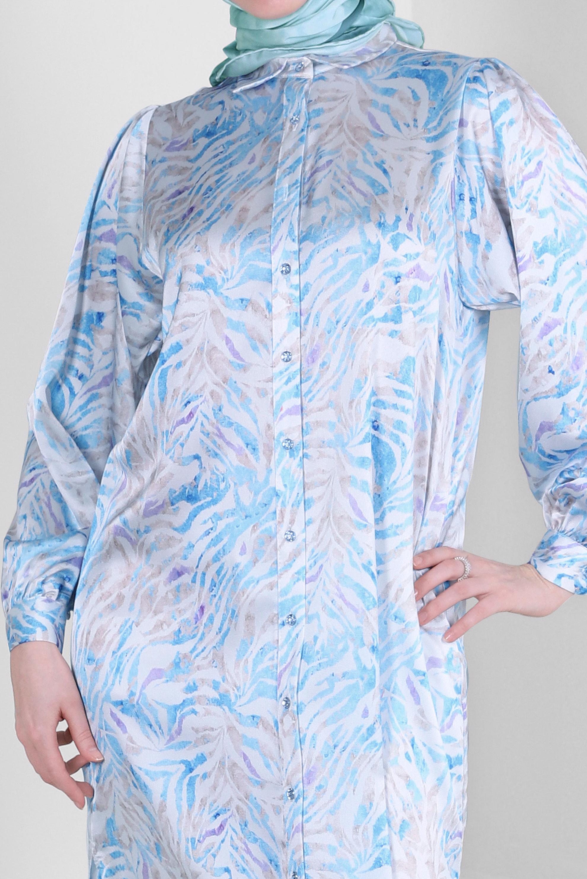 Tesettür giyim MAVİ DESENLİ SATEN UZUN TUNİK 43760