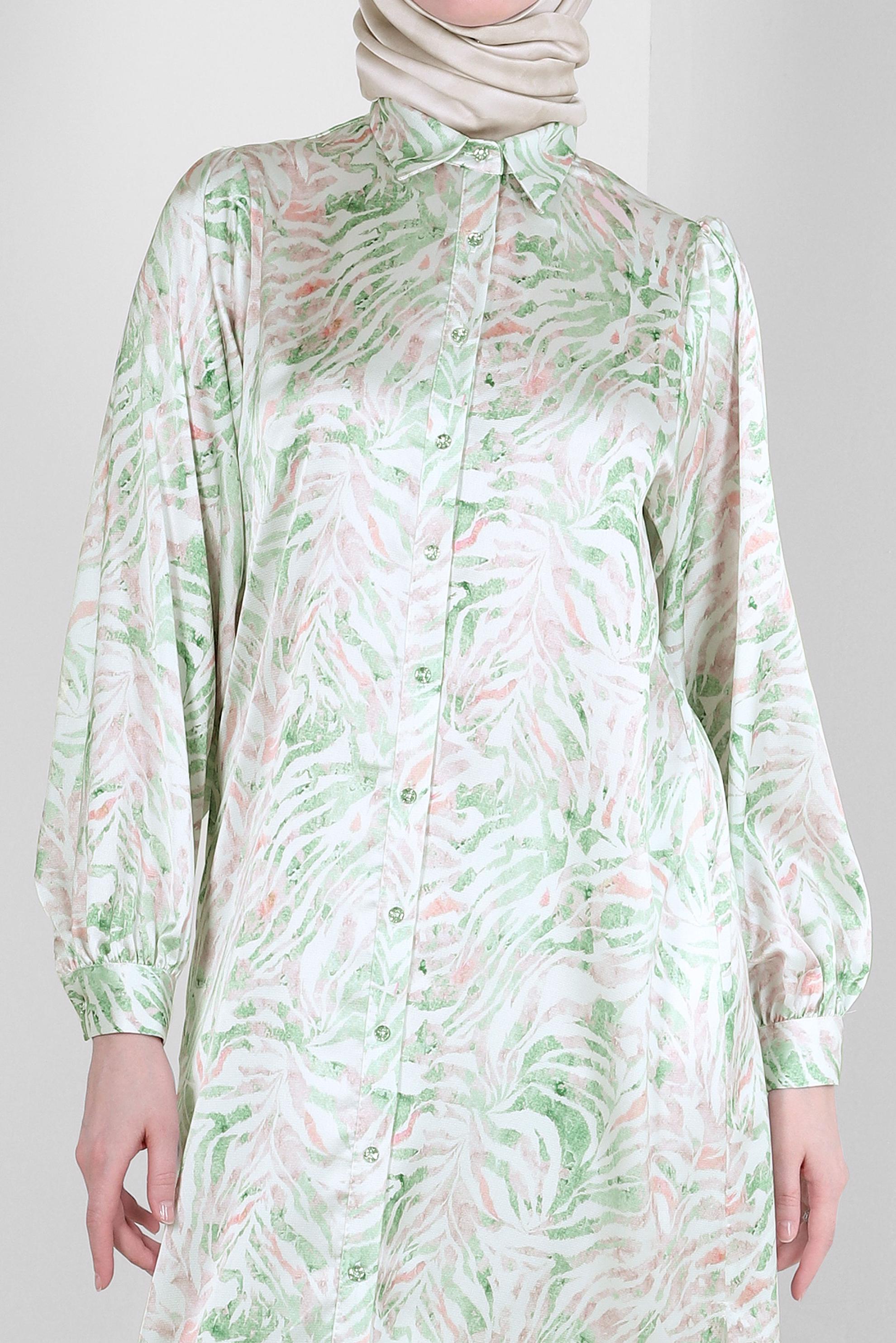 Tesettür giyim YEŞİL DESENLİ SATEN UZUN TUNİK 43760