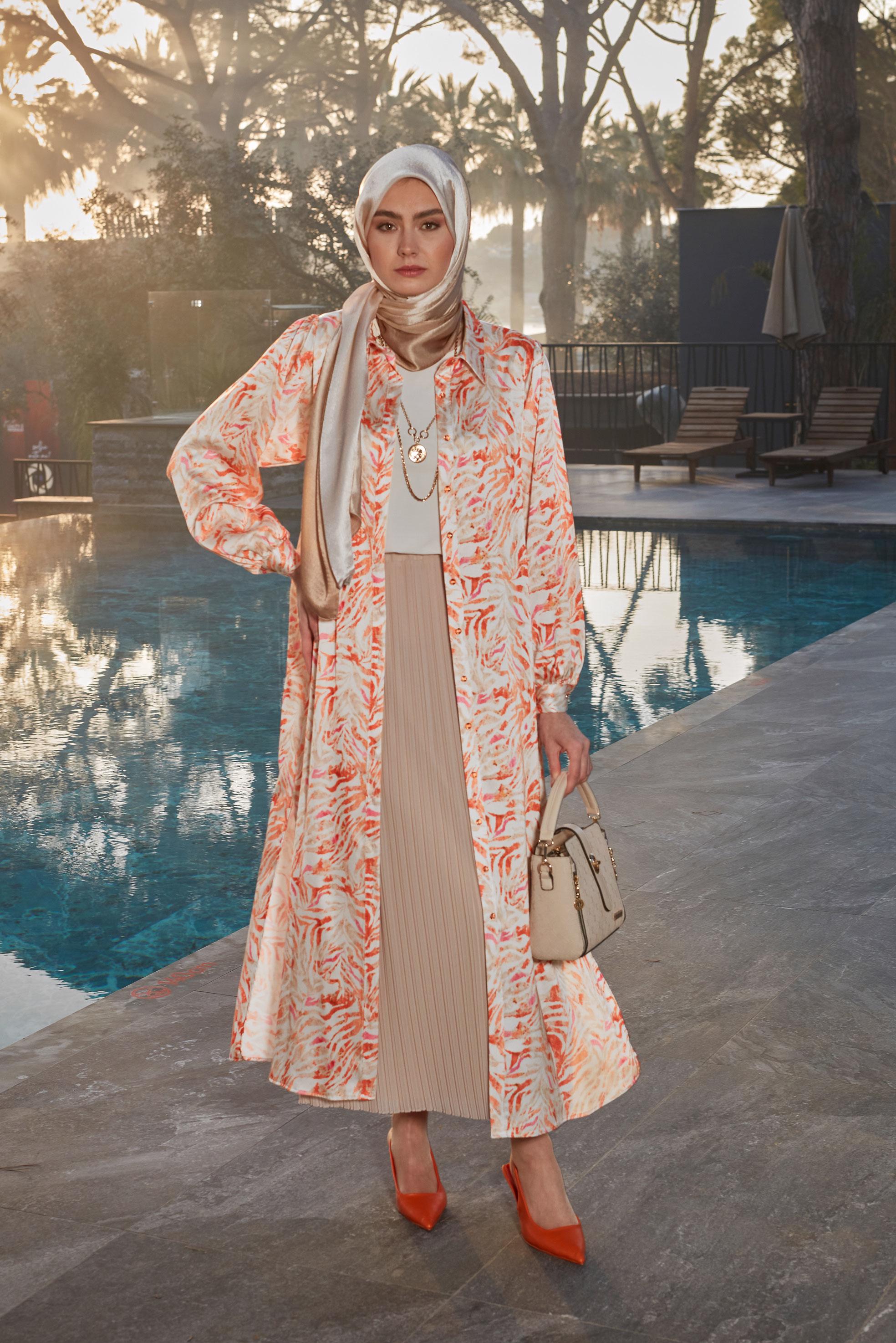 Tesettür giyim TURUNCU DESENLİ SATEN UZUN TUNİK 43760