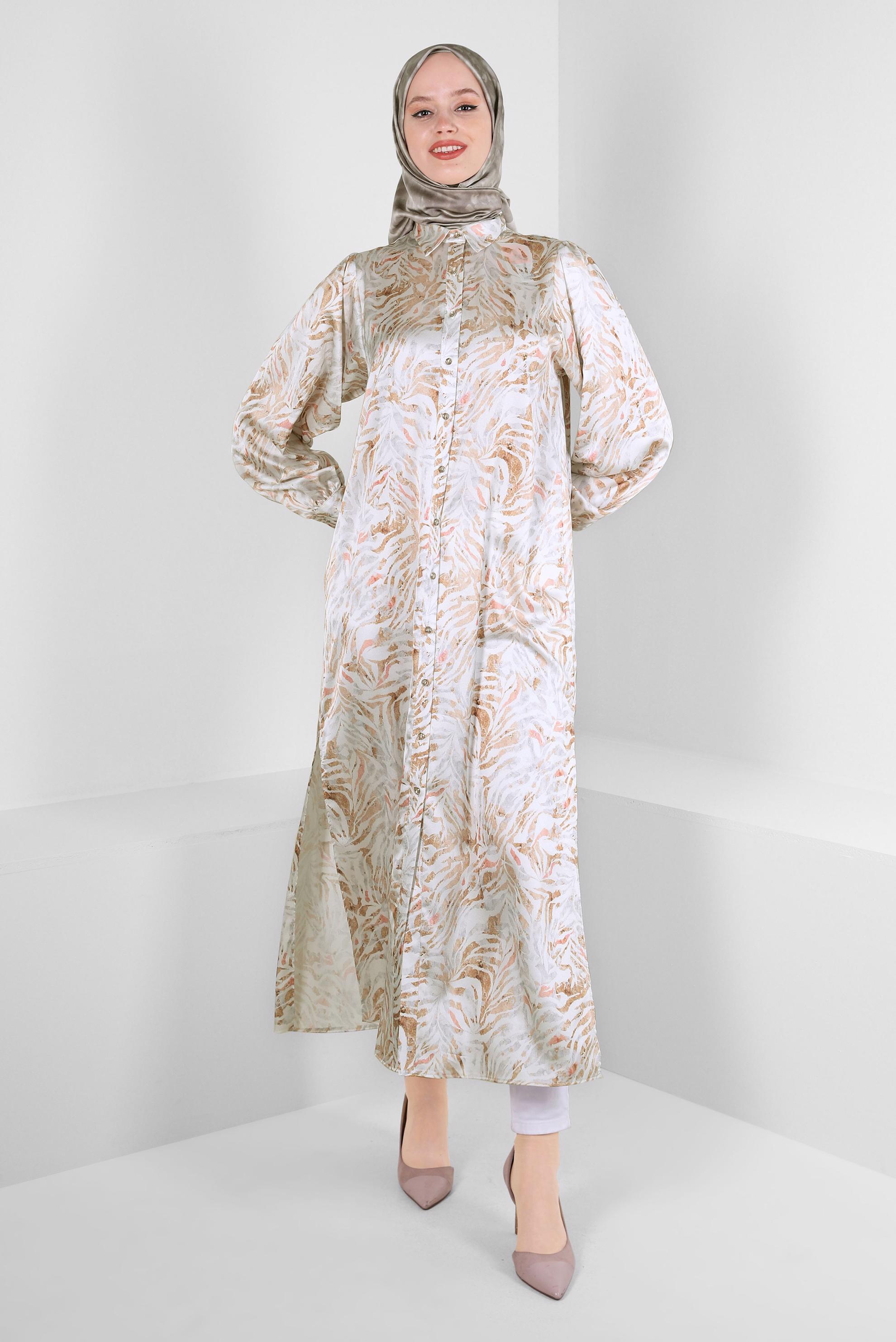 Tesettür giyim TABA DESENLİ SATEN UZUN TUNİK 43760