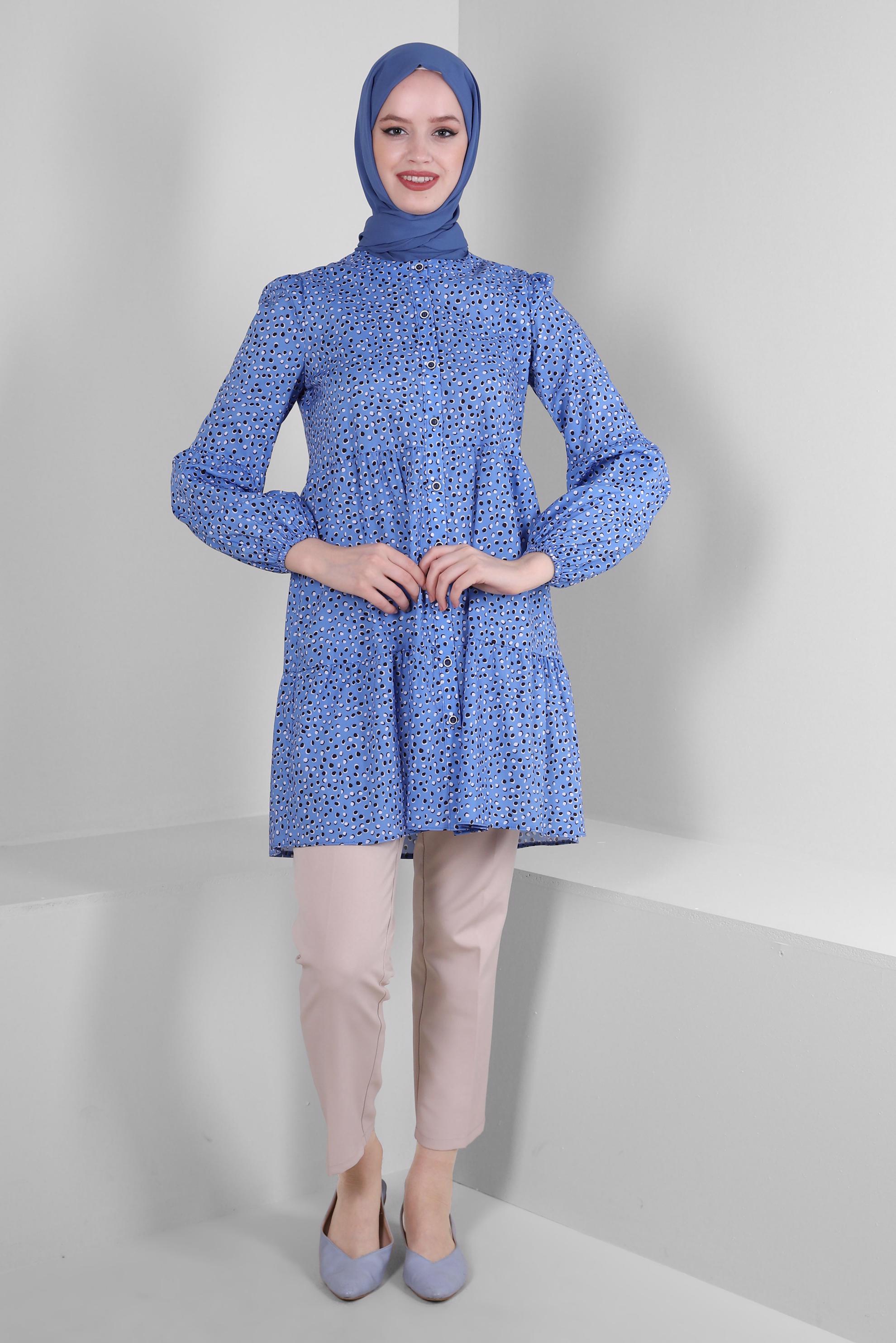 Tesettür giyim MAVİ DESENLİ VOLANLI GÖMLEK TUNİK 43763