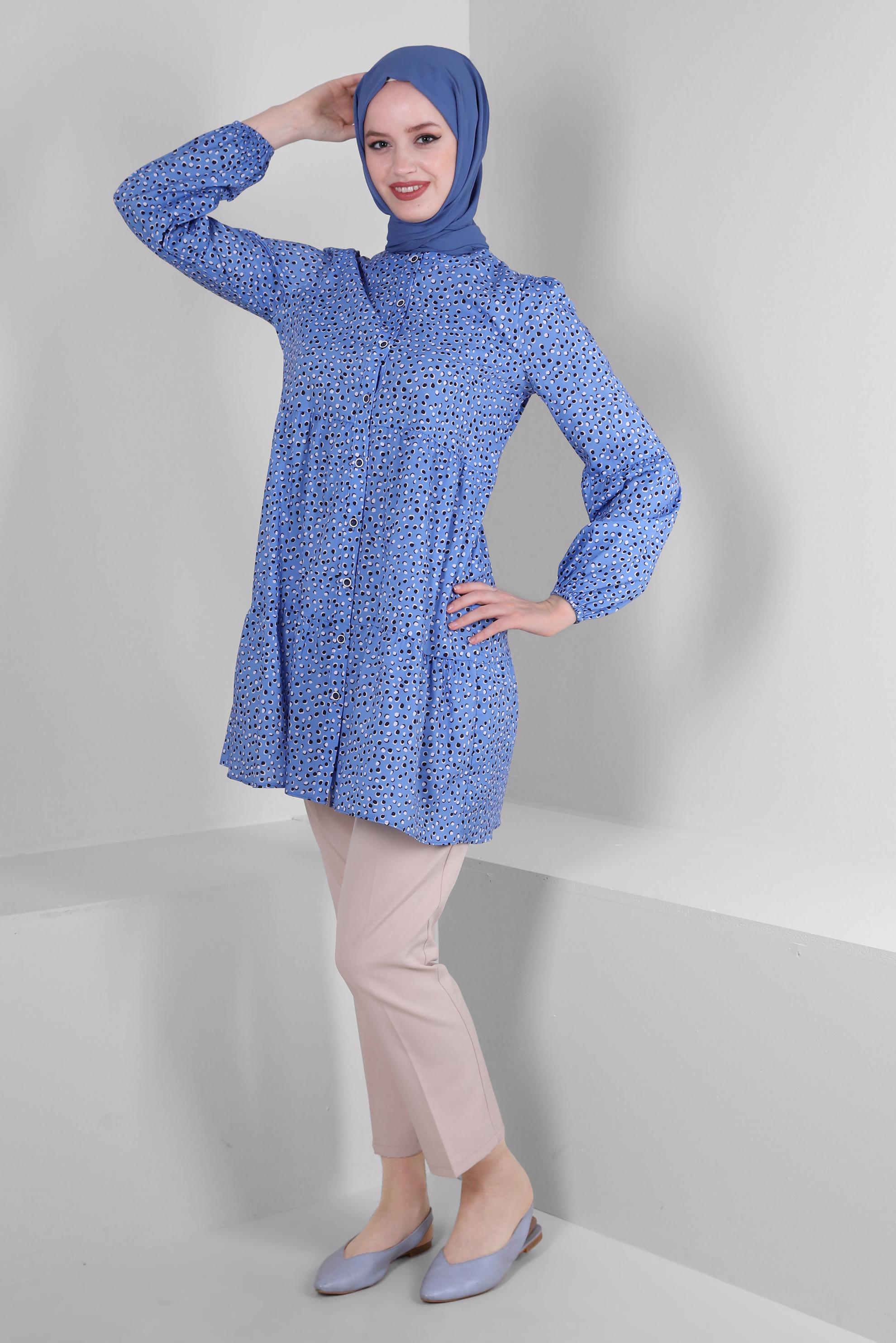 Tesettür giyim MAVİ DESENLİ VOLANLI GÖMLEK TUNİK 43763