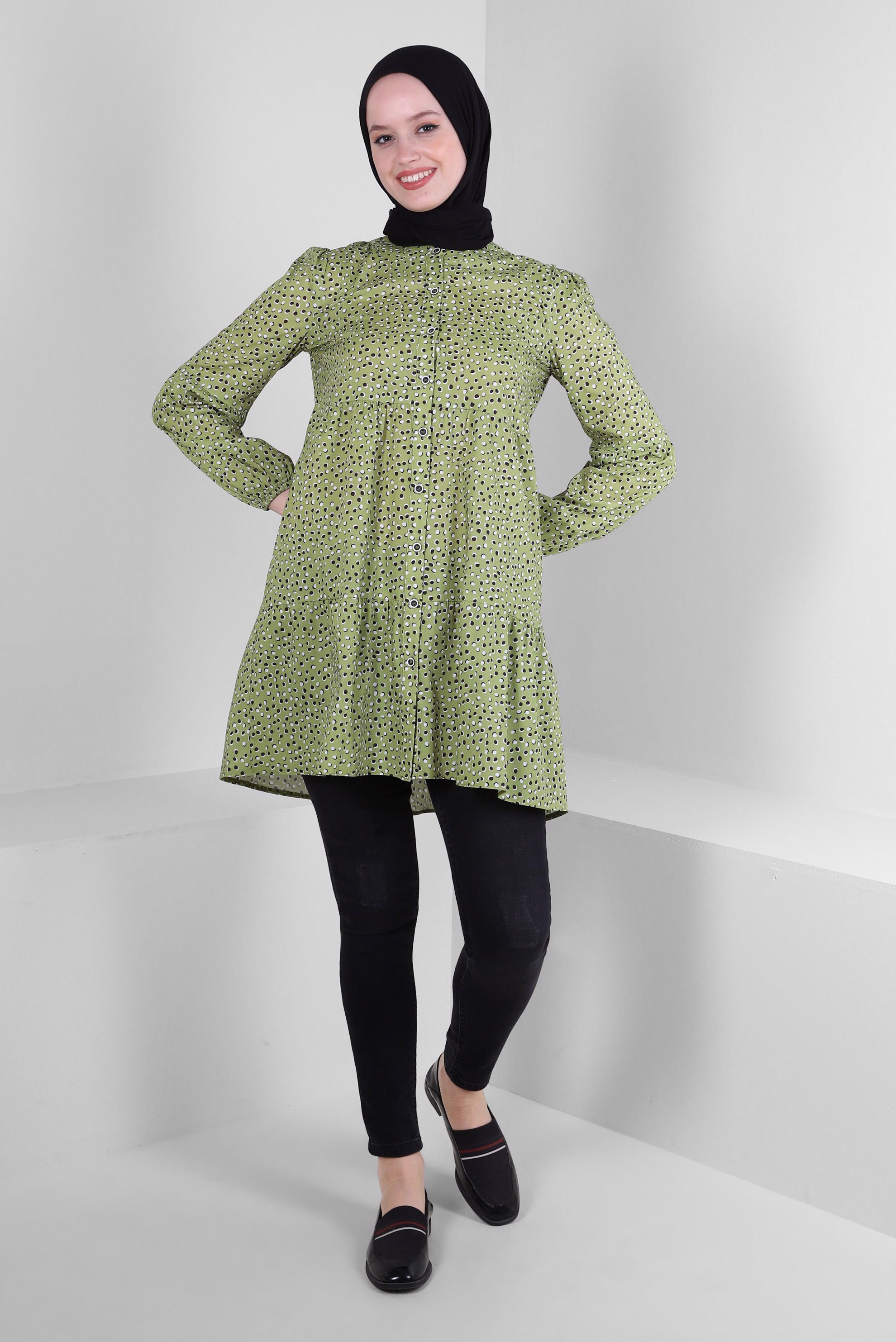 Tesettür giyim YEŞİL DESENLİ VOLANLI GÖMLEK TUNİK 43763
