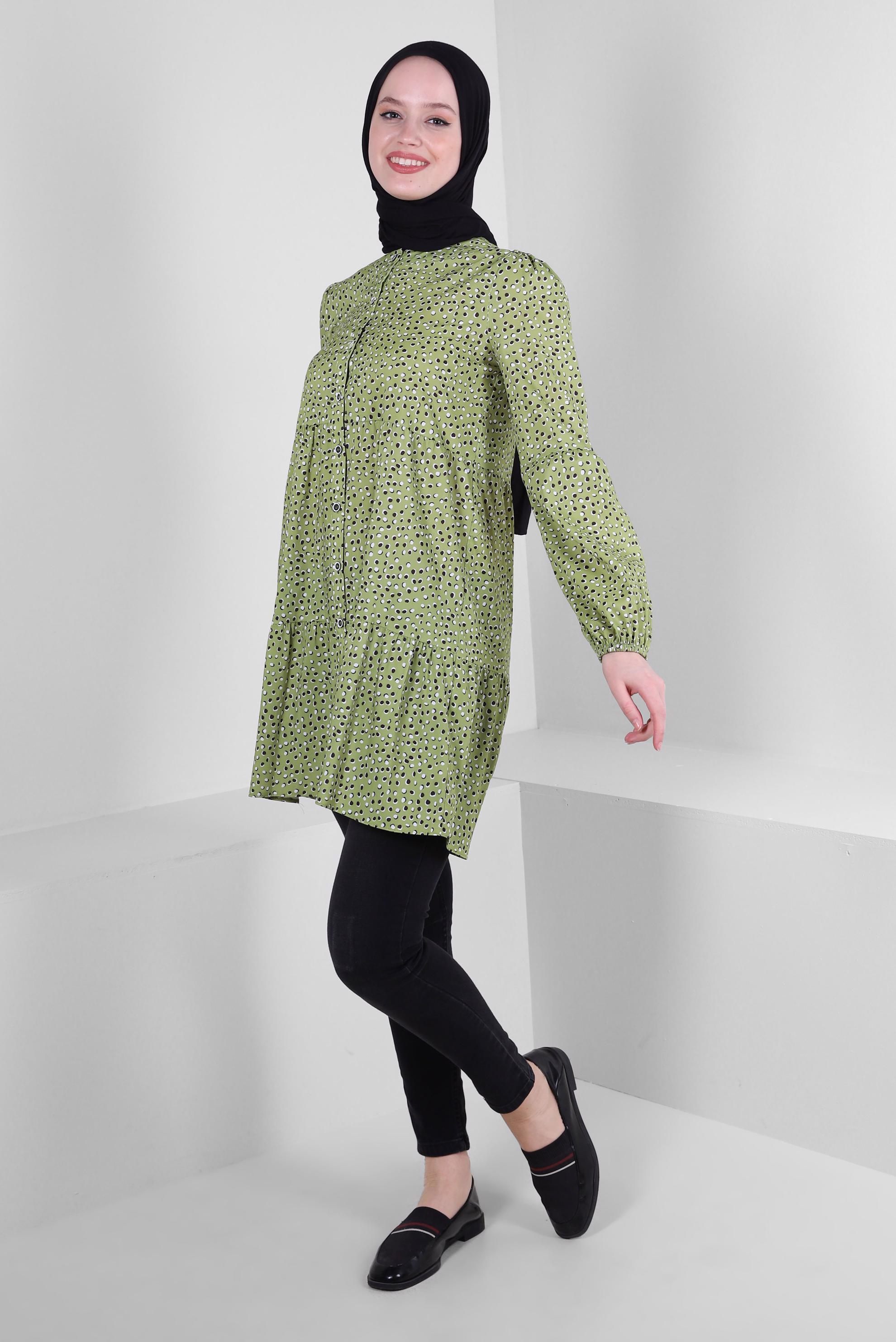 Tesettür giyim YEŞİL DESENLİ VOLANLI GÖMLEK TUNİK 43763