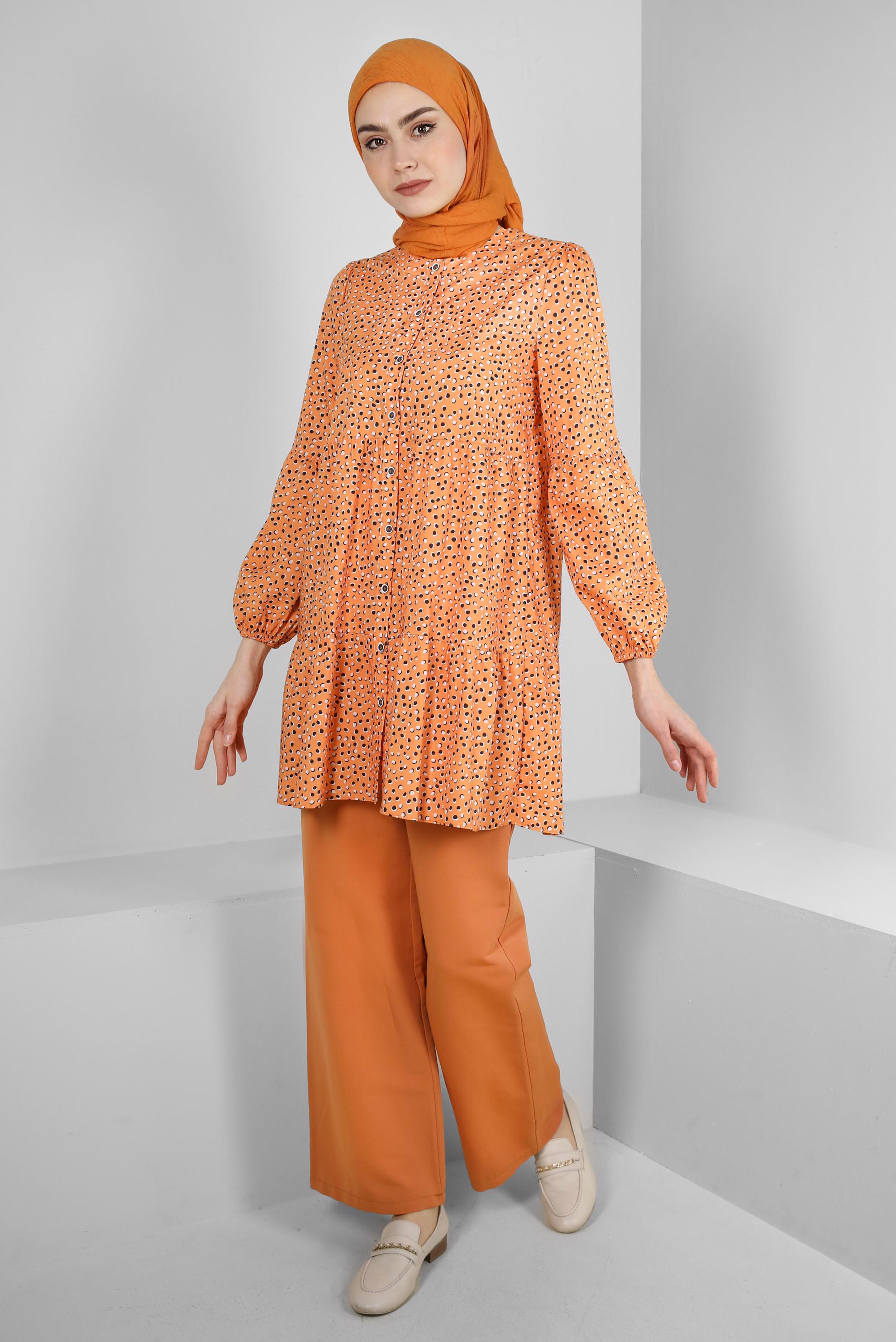 Tesettür giyim TURUNCU DESENLİ VOLANLI GÖMLEK TUNİK 43763