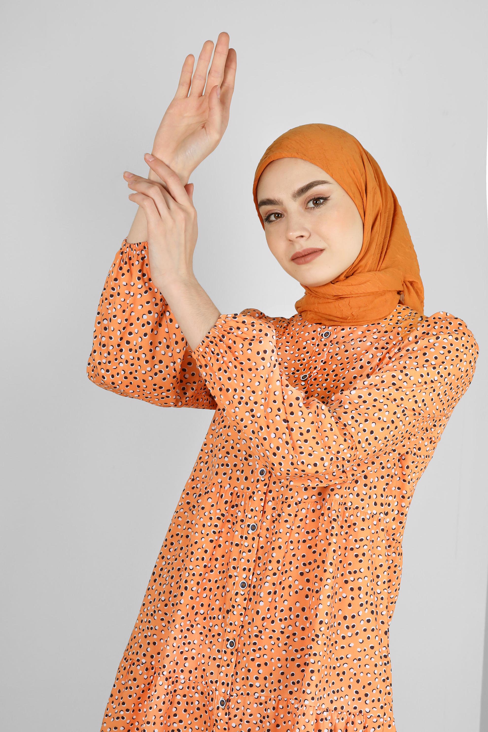 Tesettür giyim TURUNCU DESENLİ VOLANLI GÖMLEK TUNİK 43763