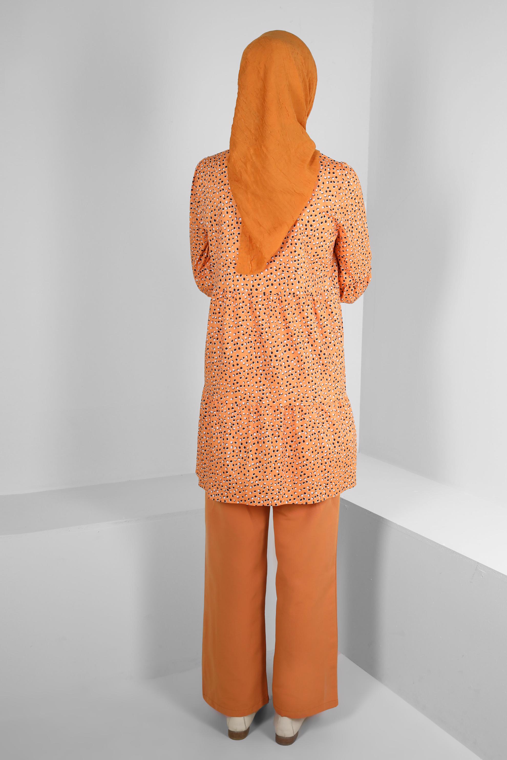 Tesettür giyim TURUNCU DESENLİ VOLANLI GÖMLEK TUNİK 43763