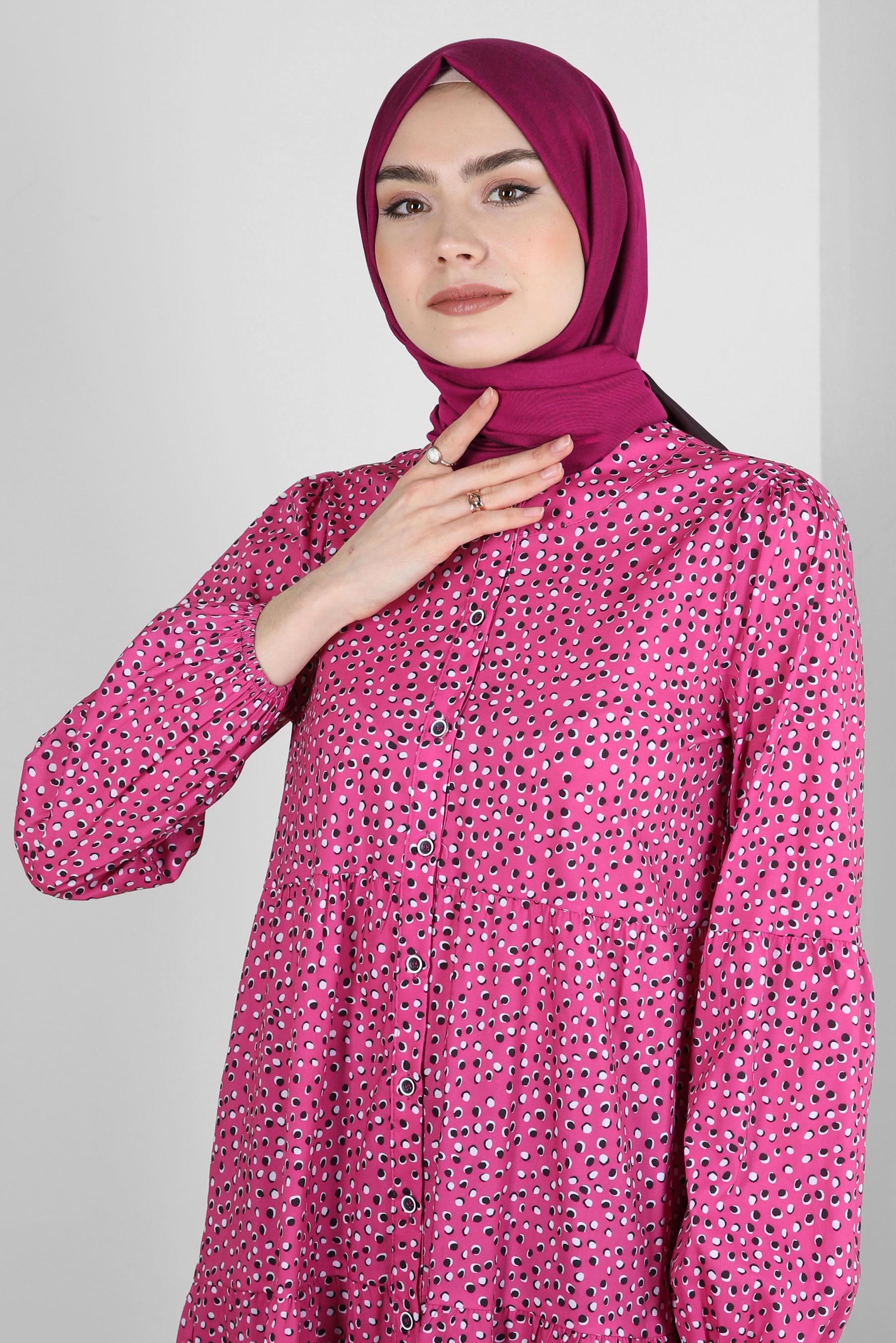 Tesettür giyim FUŞYA DESENLİ VOLANLI GÖMLEK TUNİK 43763