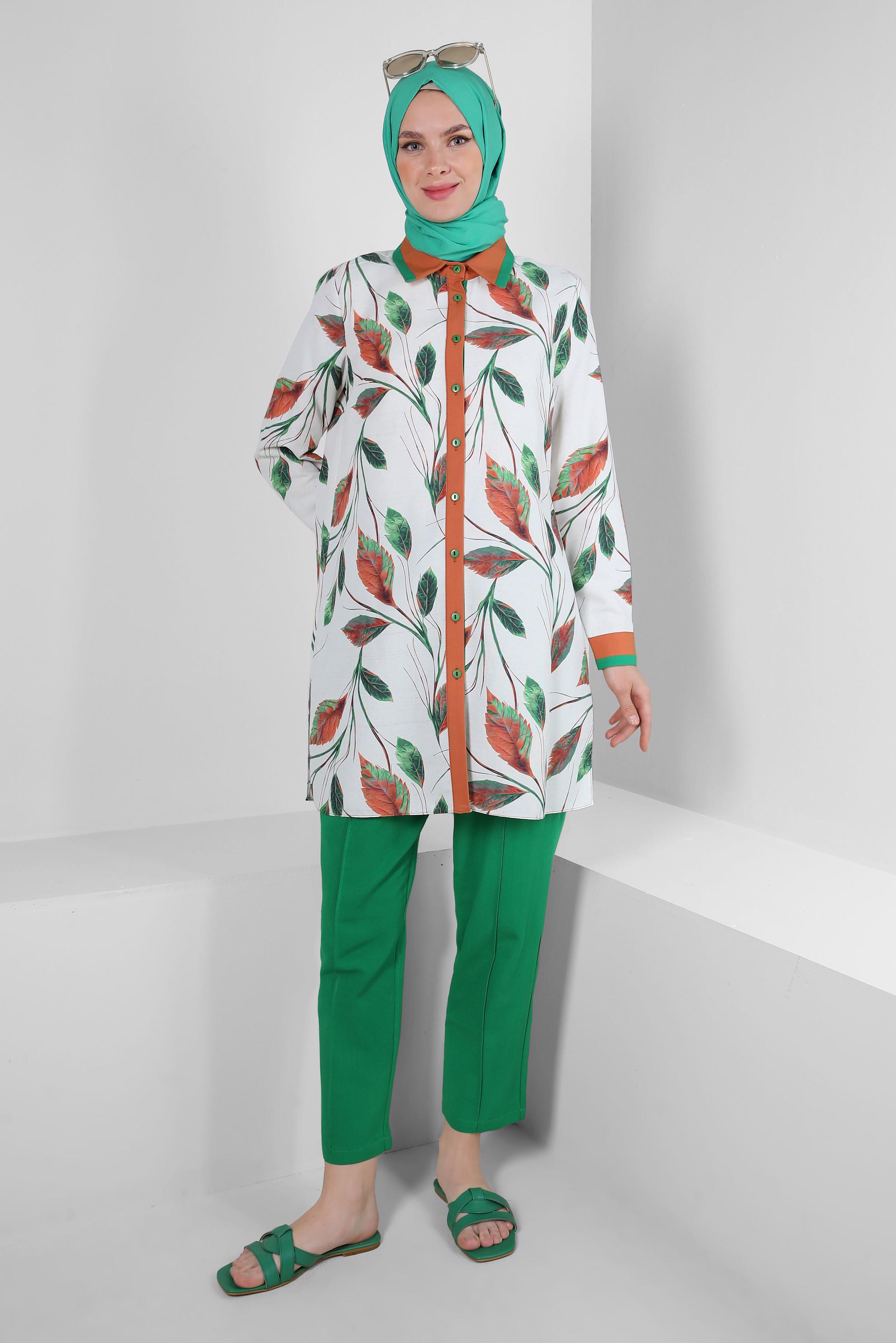 Tesettür giyim YEŞİL YAPRAK DESENLİ GÖMLEK TUNİK 43765