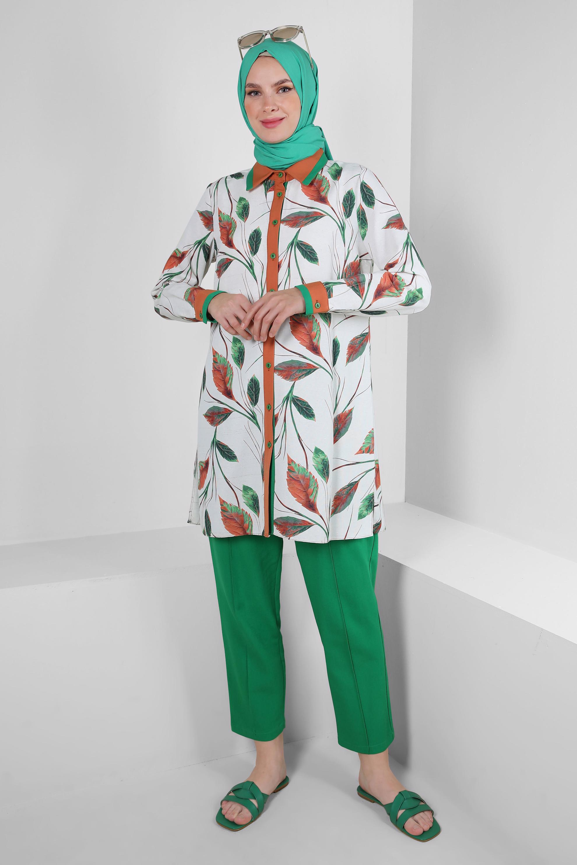 Tesettür giyim YEŞİL YAPRAK DESENLİ GÖMLEK TUNİK 43765