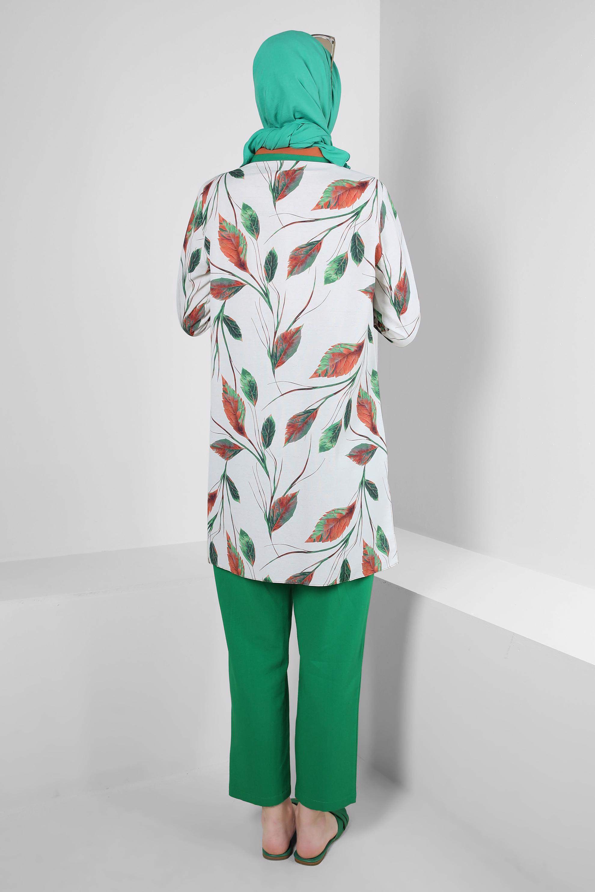 Tesettür giyim YEŞİL YAPRAK DESENLİ GÖMLEK TUNİK 43765