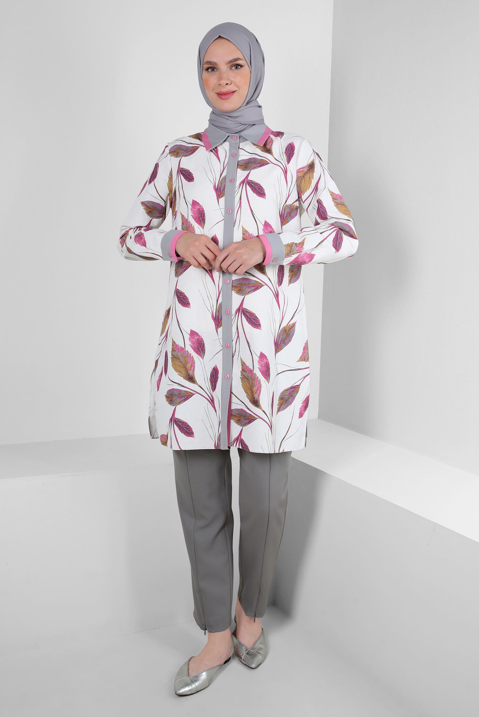 Tesettür giyim FUŞYA YAPRAK DESENLİ GÖMLEK TUNİK 43765