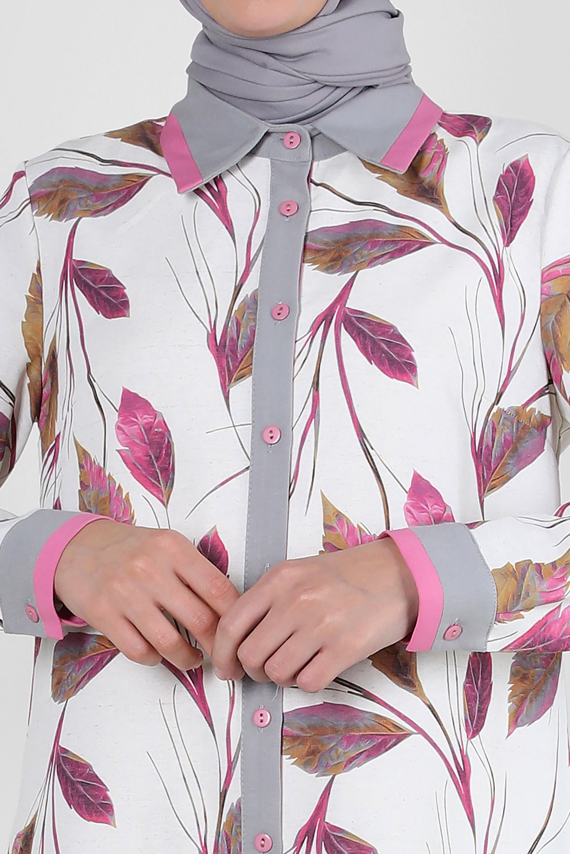 Tesettür giyim FUŞYA YAPRAK DESENLİ GÖMLEK TUNİK 43765