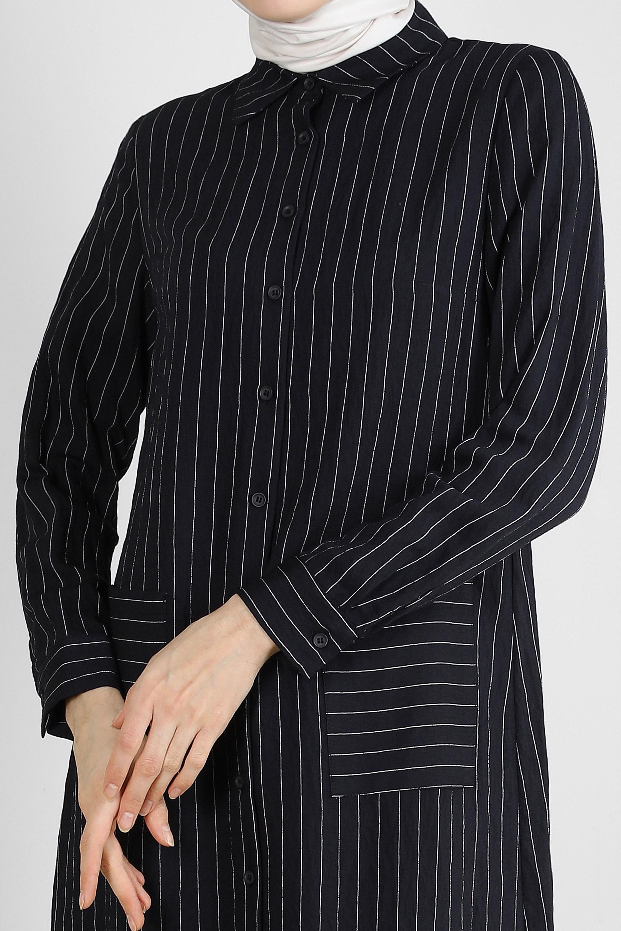 Tesettür giyim SİYAH ÇİZGİLİ CEP DETAYLI GÖMLEK TUNİK 43770
