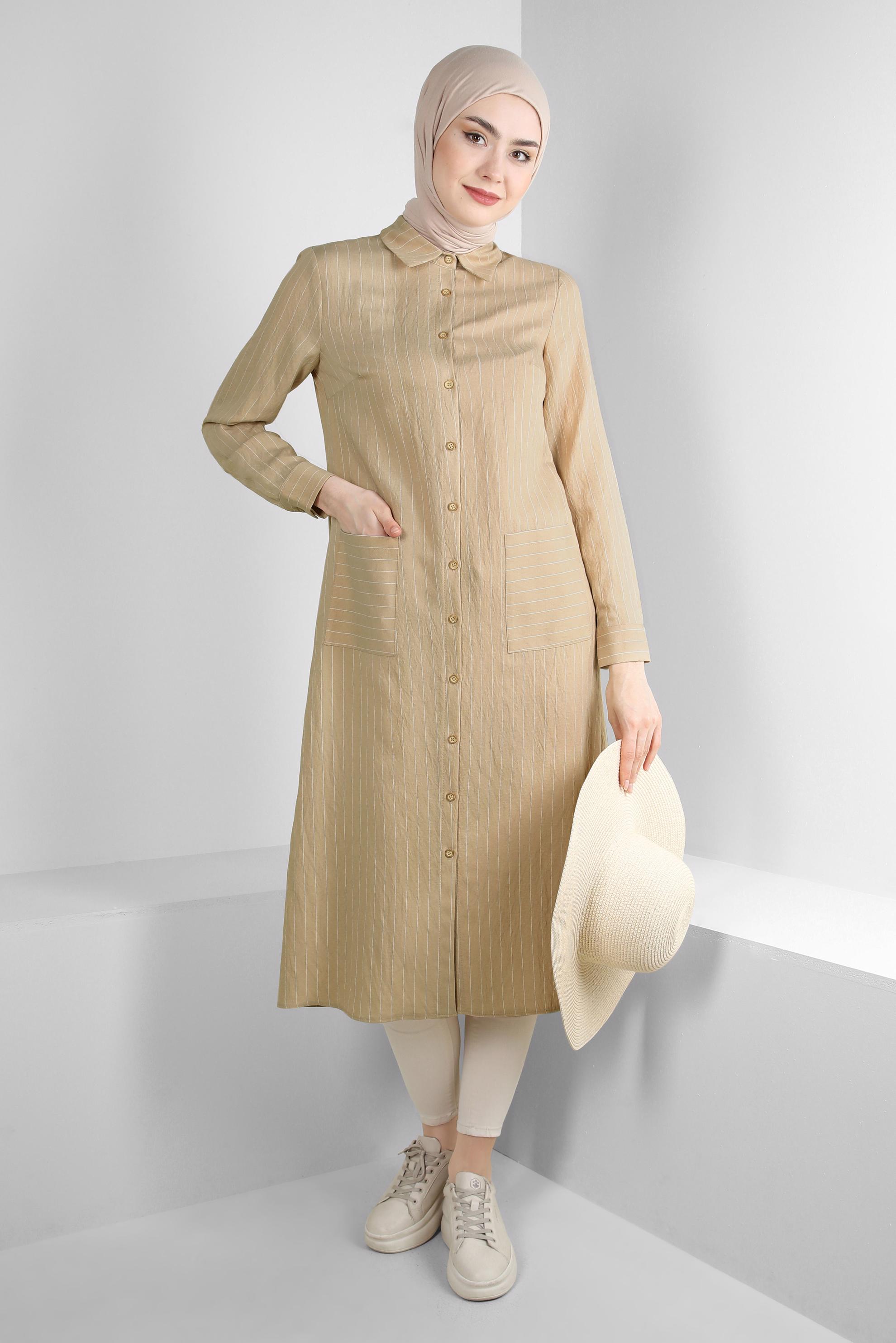Tesettür giyim BEJ ÇİZGİLİ CEP DETAYLI GÖMLEK TUNİK 43770