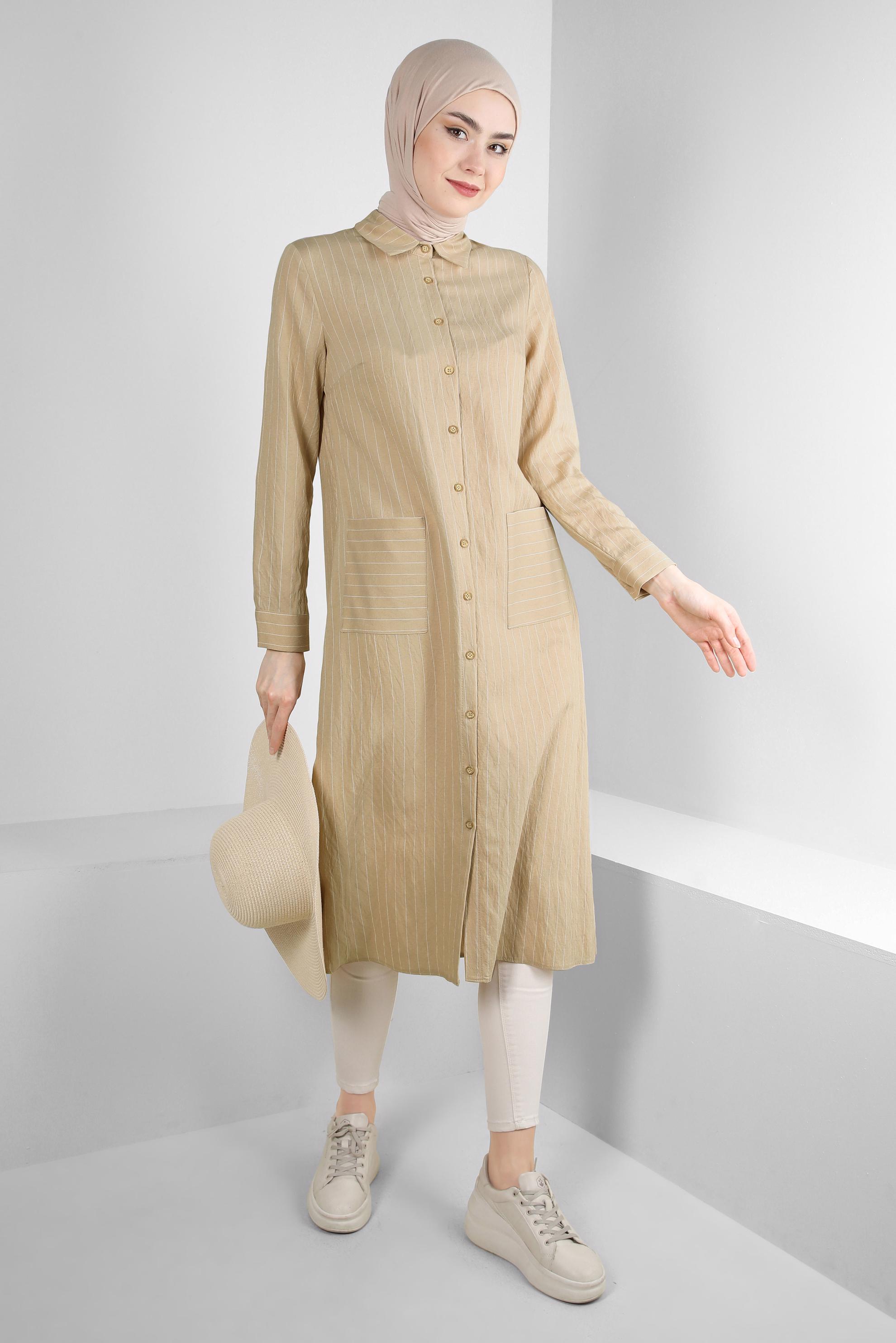 Tesettür giyim BEJ ÇİZGİLİ CEP DETAYLI GÖMLEK TUNİK 43770