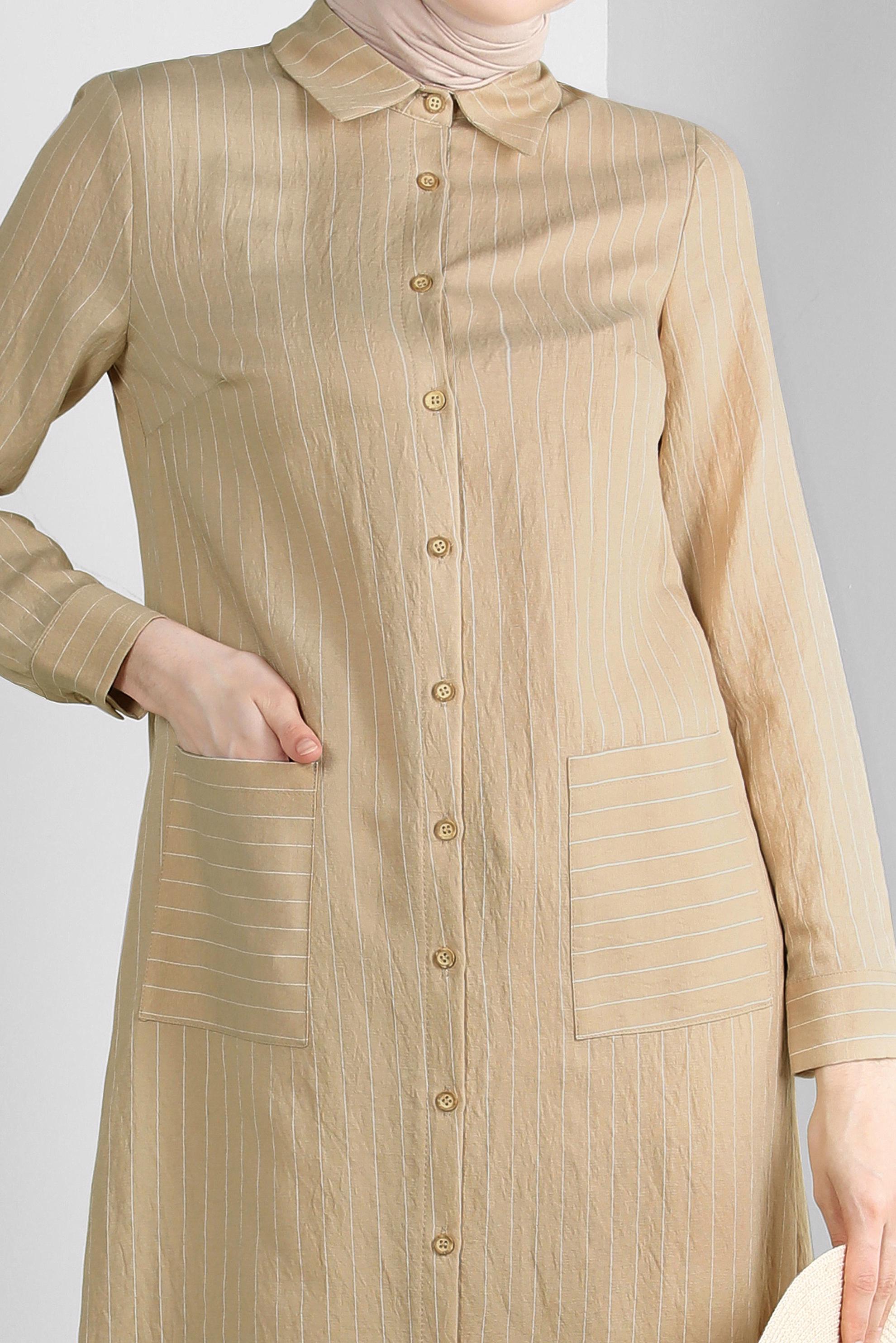 Tesettür giyim BEJ ÇİZGİLİ CEP DETAYLI GÖMLEK TUNİK 43770