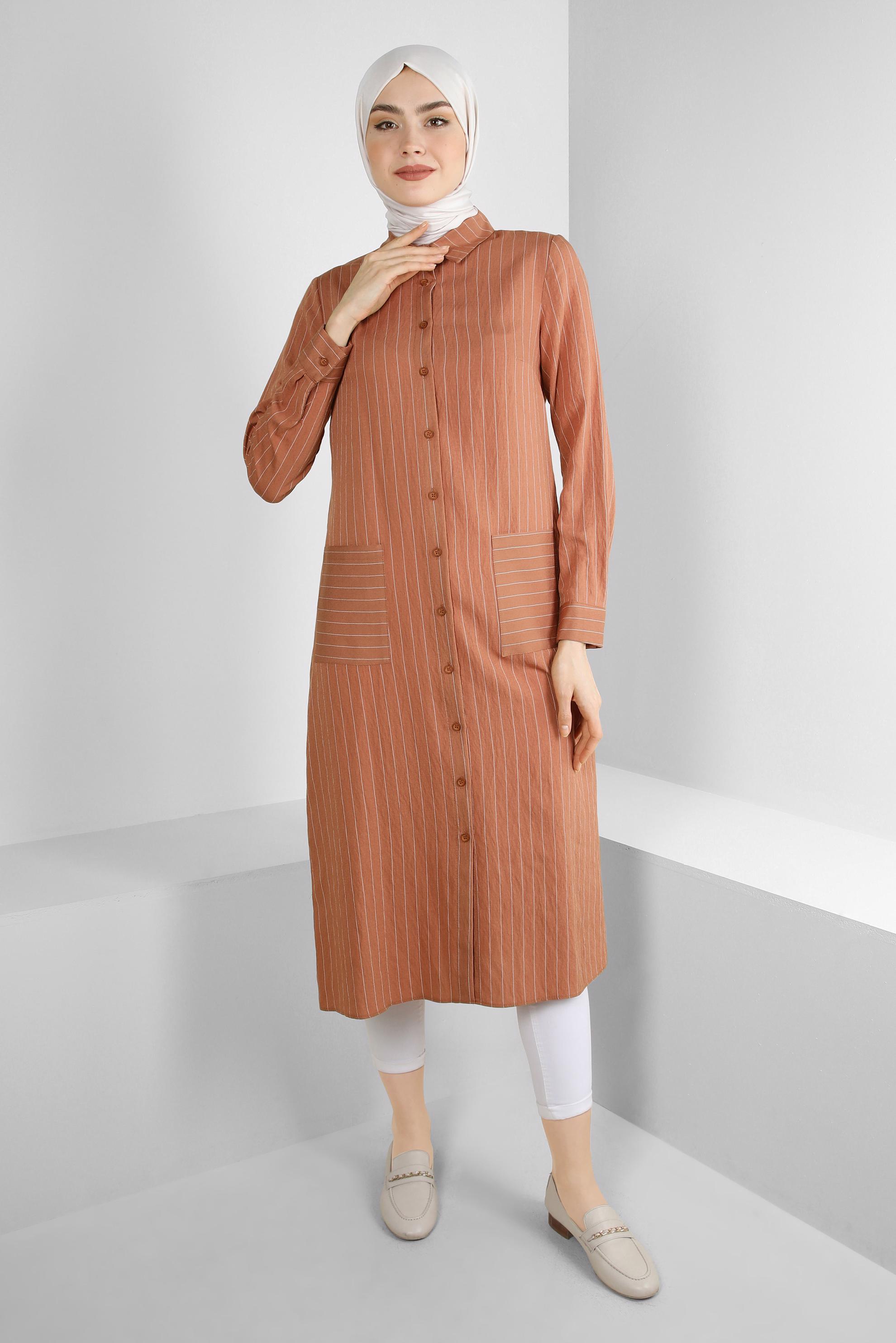 Tesettür giyim TURUNCU ÇİZGİLİ CEP DETAYLI GÖMLEK TUNİK 43770
