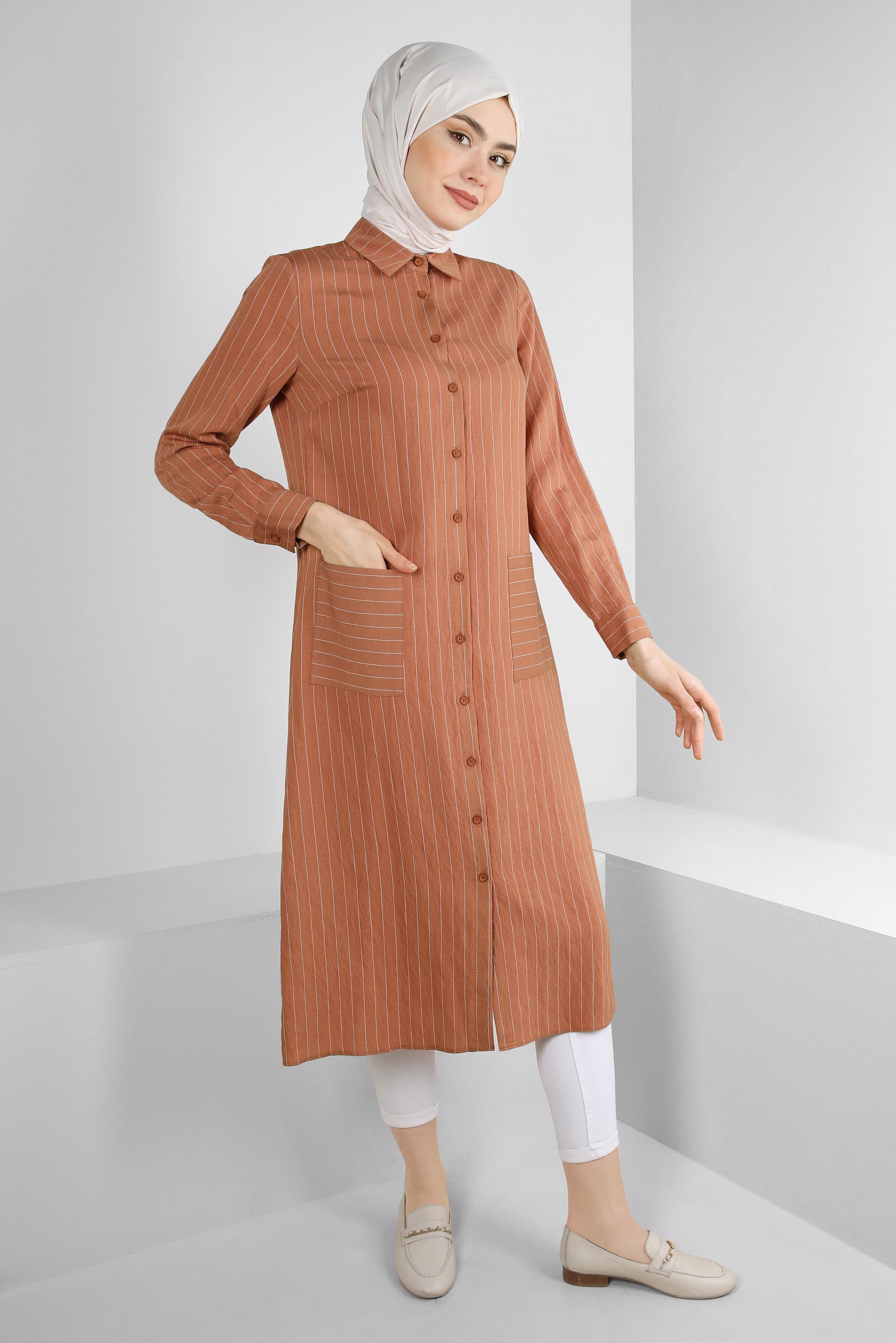 Tesettür giyim TURUNCU ÇİZGİLİ CEP DETAYLI GÖMLEK TUNİK 43770