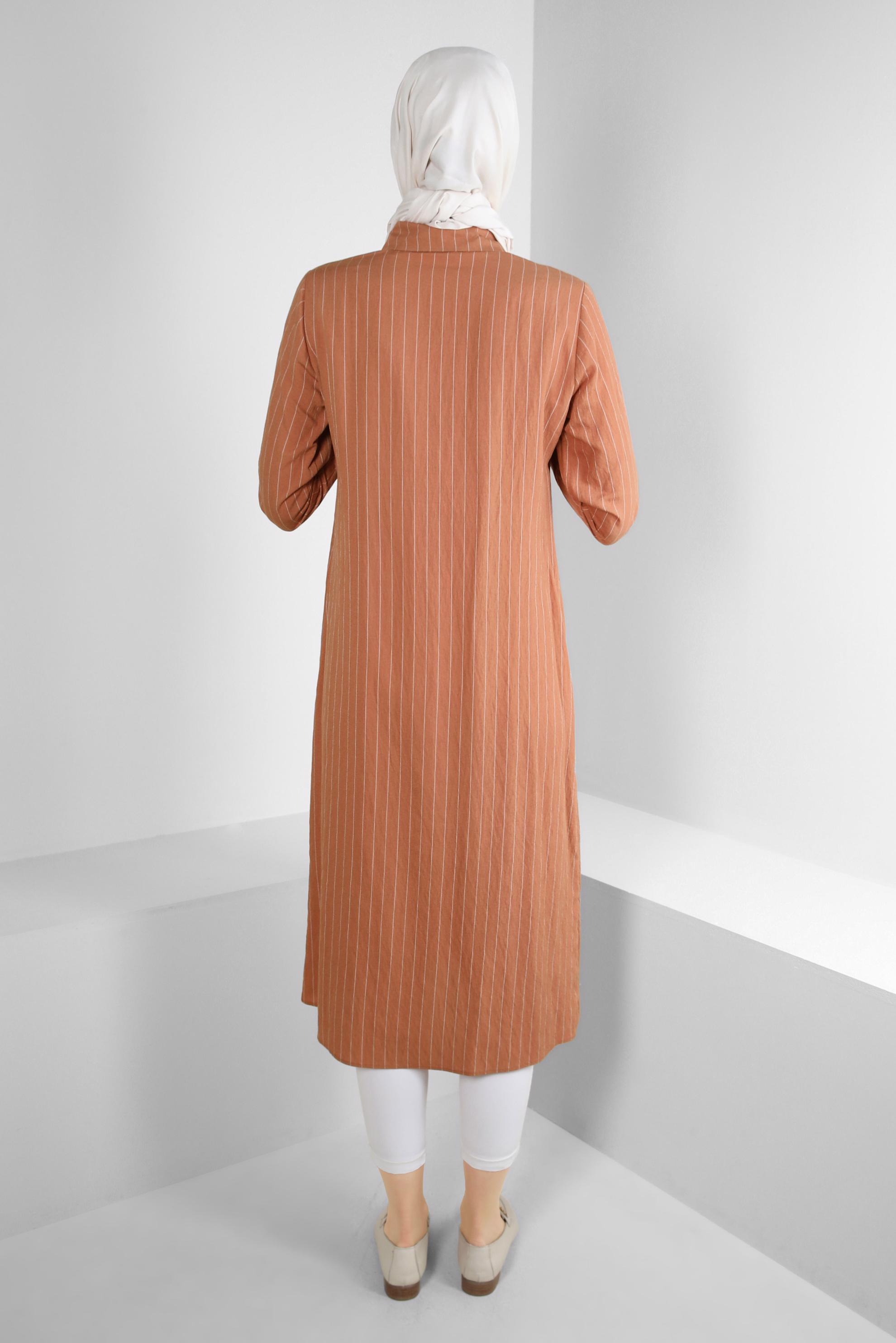 Tesettür giyim TURUNCU ÇİZGİLİ CEP DETAYLI GÖMLEK TUNİK 43770