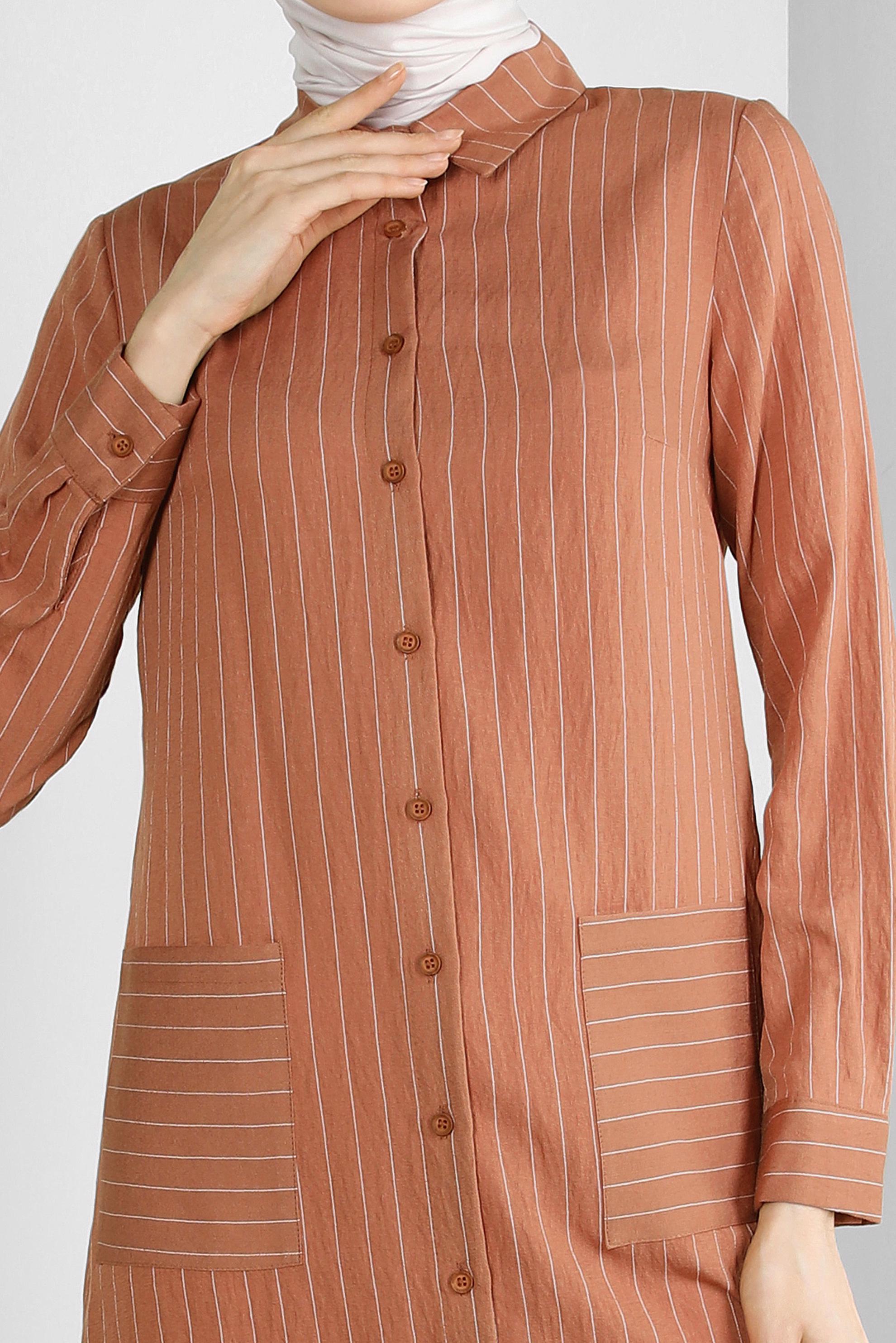 Tesettür giyim TURUNCU ÇİZGİLİ CEP DETAYLI GÖMLEK TUNİK 43770