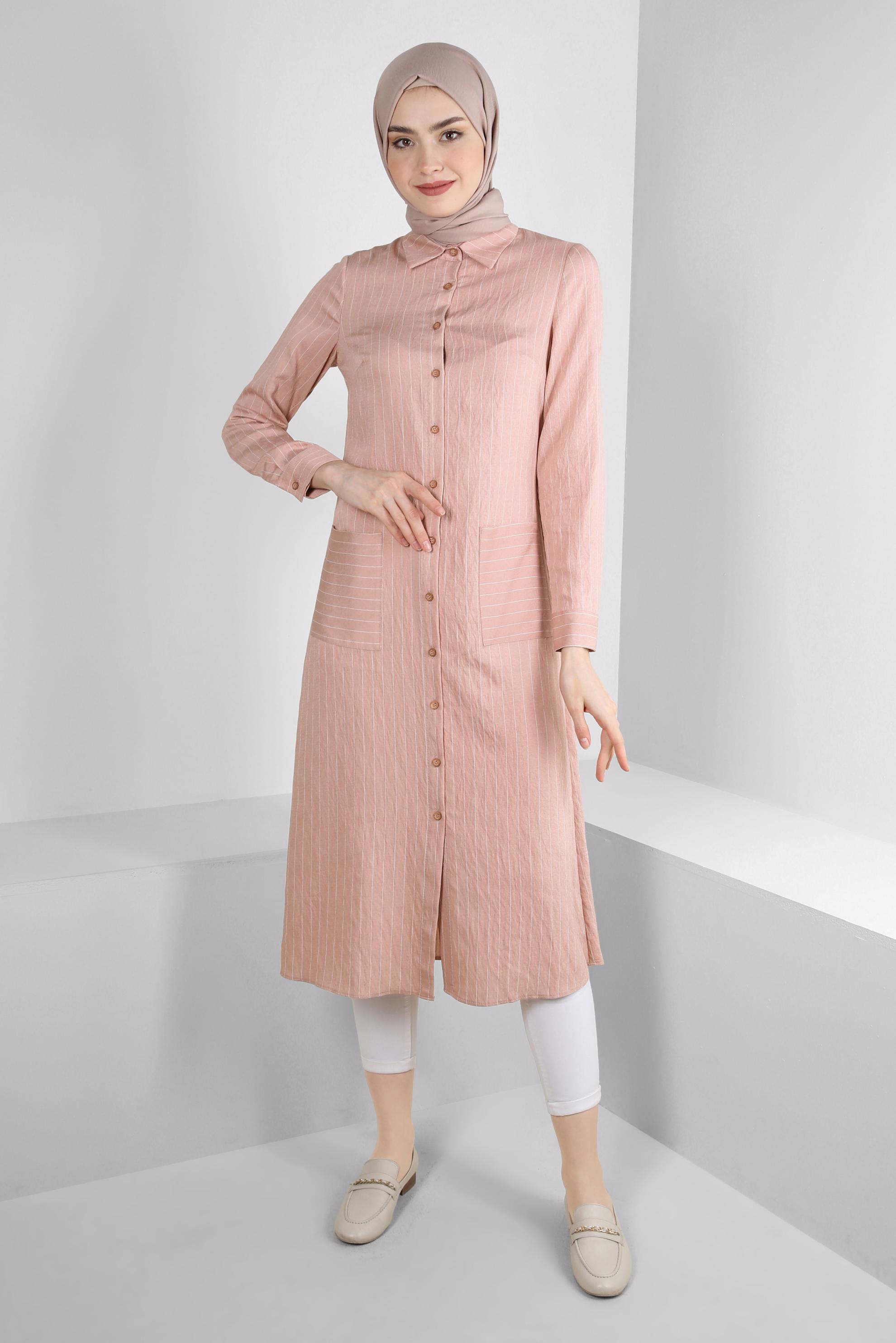 Tesettür giyim PUDRA ÇİZGİLİ CEP DETAYLI GÖMLEK TUNİK 43770
