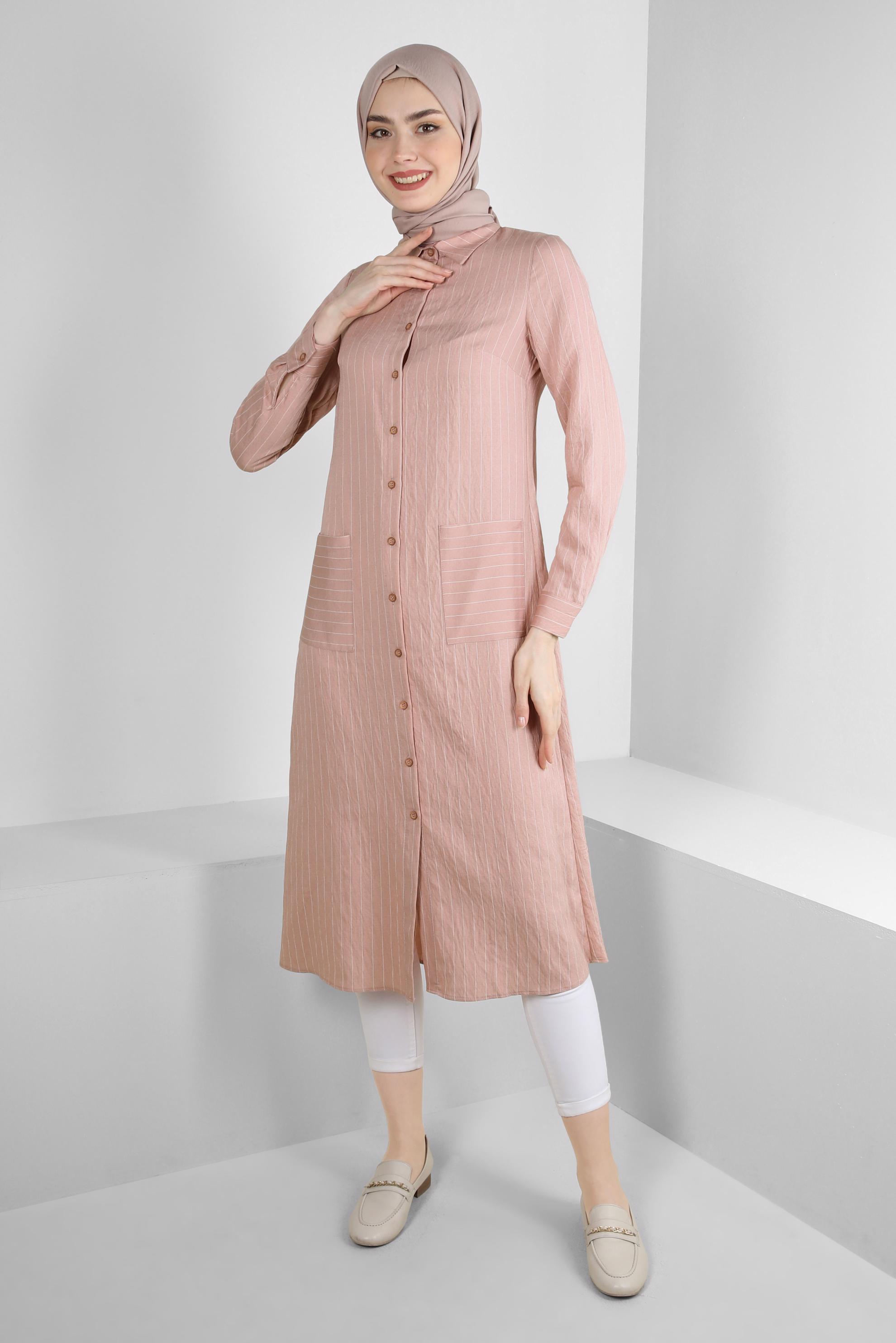Tesettür giyim PUDRA ÇİZGİLİ CEP DETAYLI GÖMLEK TUNİK 43770