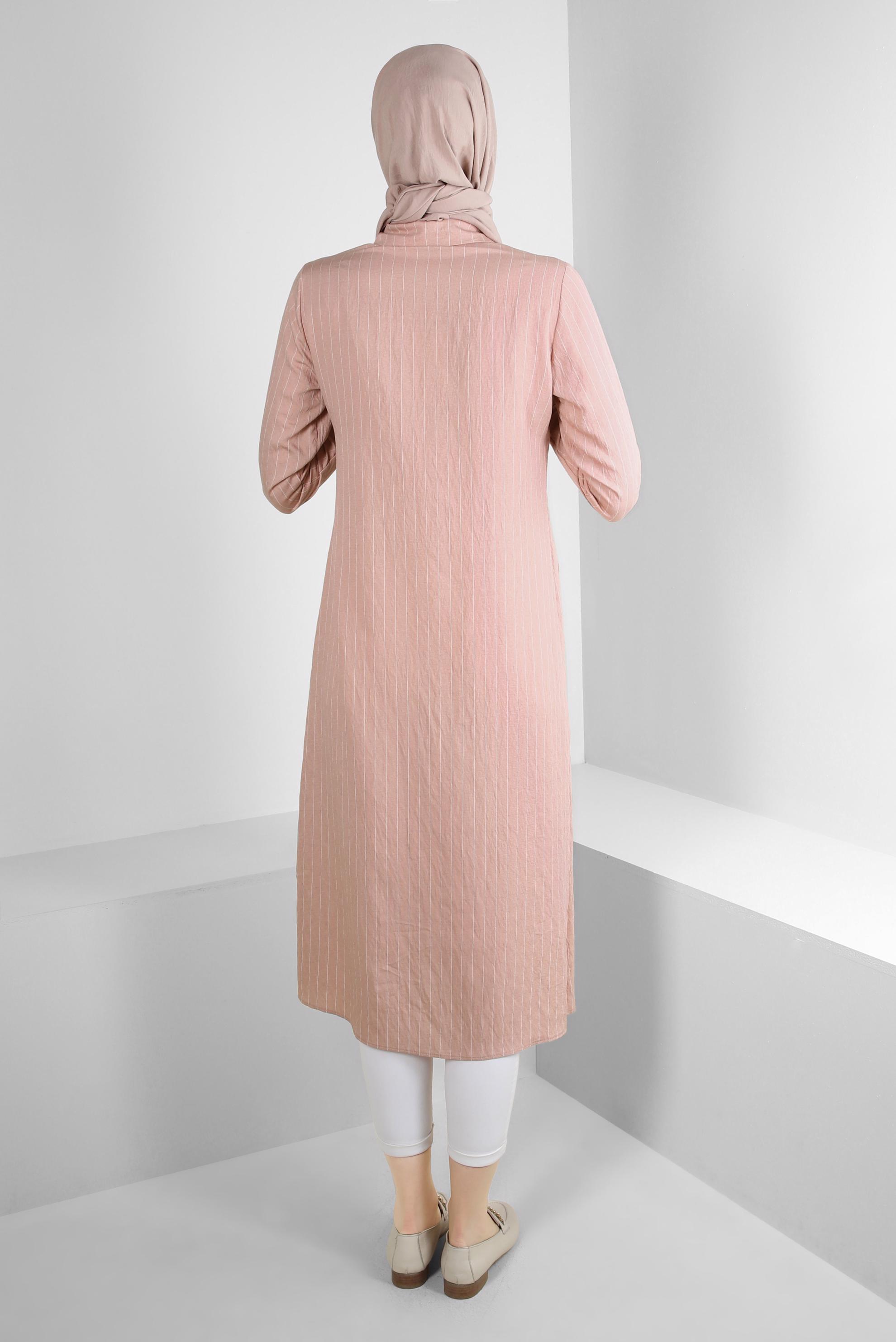 Tesettür giyim PUDRA ÇİZGİLİ CEP DETAYLI GÖMLEK TUNİK 43770