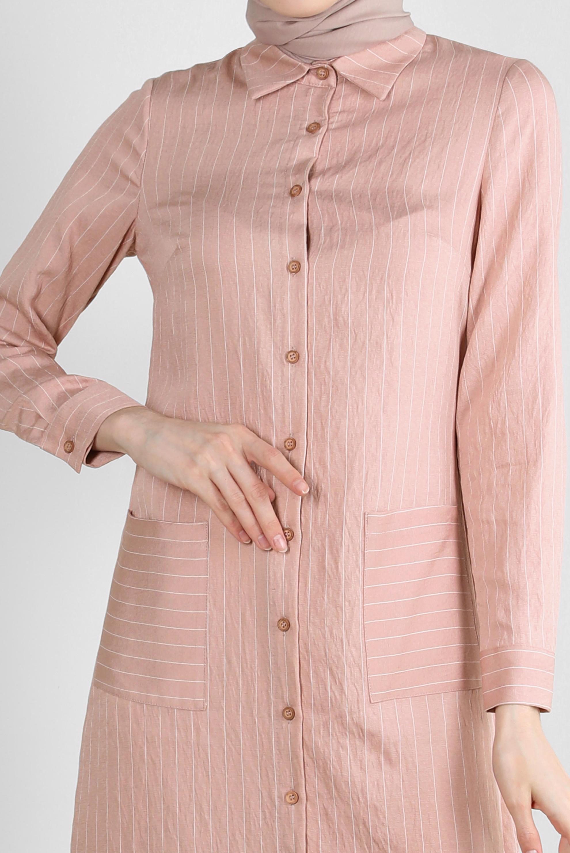 Tesettür giyim PUDRA ÇİZGİLİ CEP DETAYLI GÖMLEK TUNİK 43770