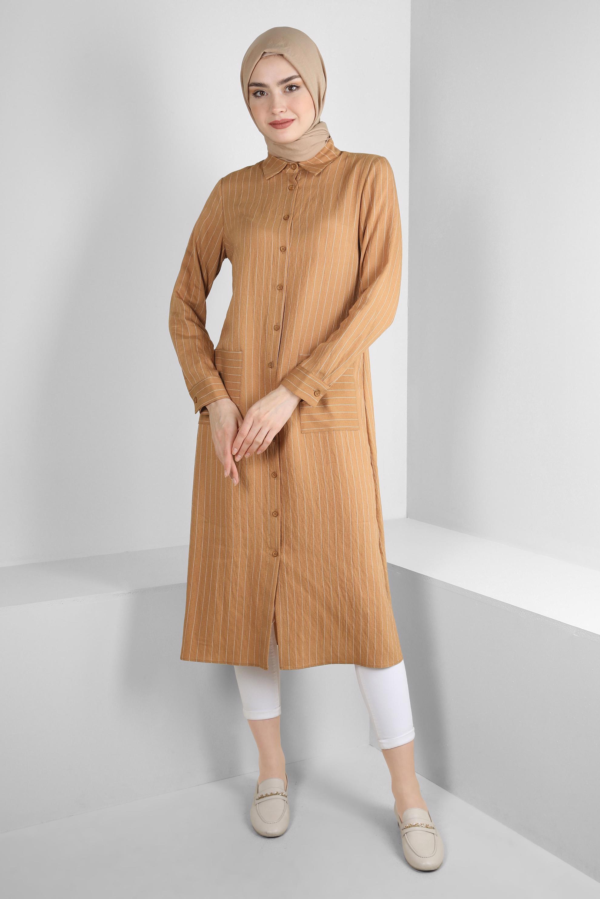 Tesettür giyim TABA ÇİZGİLİ CEP DETAYLI GÖMLEK TUNİK 43770