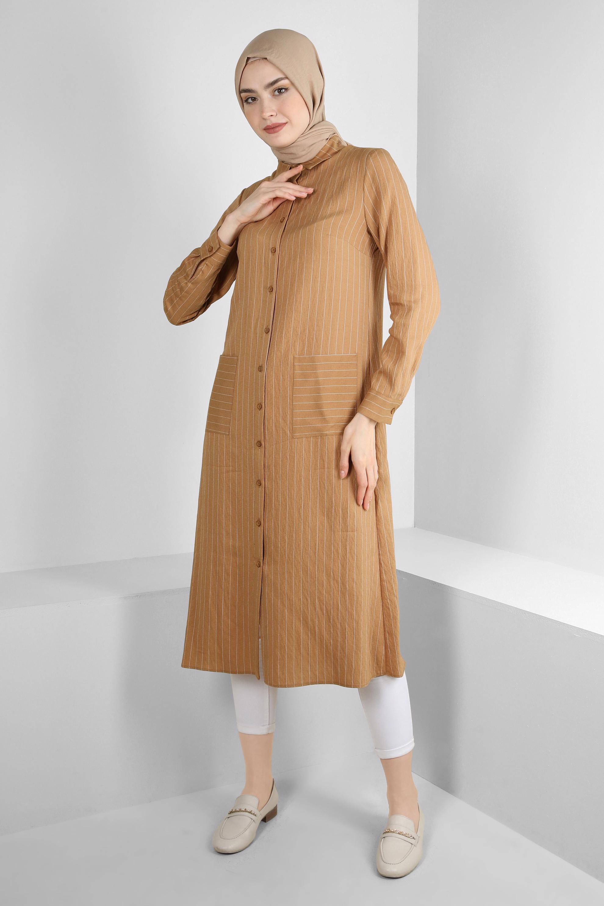 Tesettür giyim TABA ÇİZGİLİ CEP DETAYLI GÖMLEK TUNİK 43770