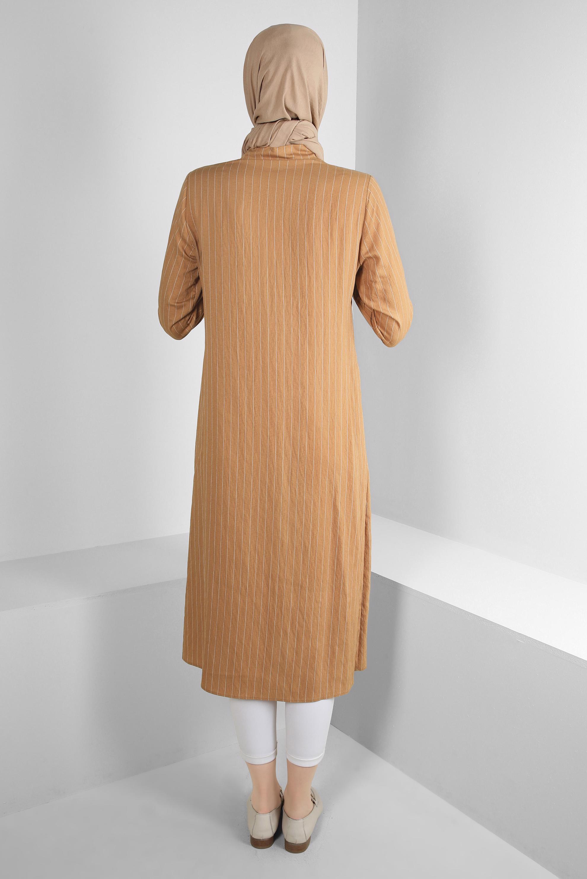 Tesettür giyim TABA ÇİZGİLİ CEP DETAYLI GÖMLEK TUNİK 43770