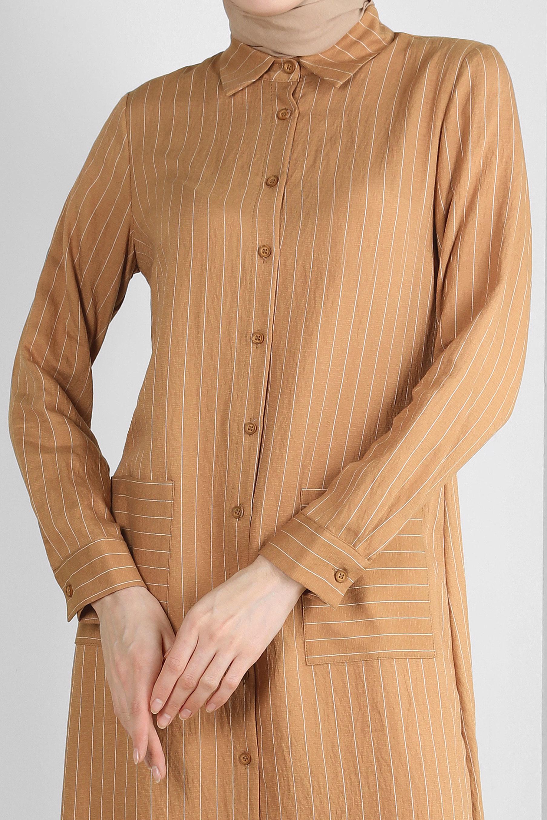 Tesettür giyim TABA ÇİZGİLİ CEP DETAYLI GÖMLEK TUNİK 43770