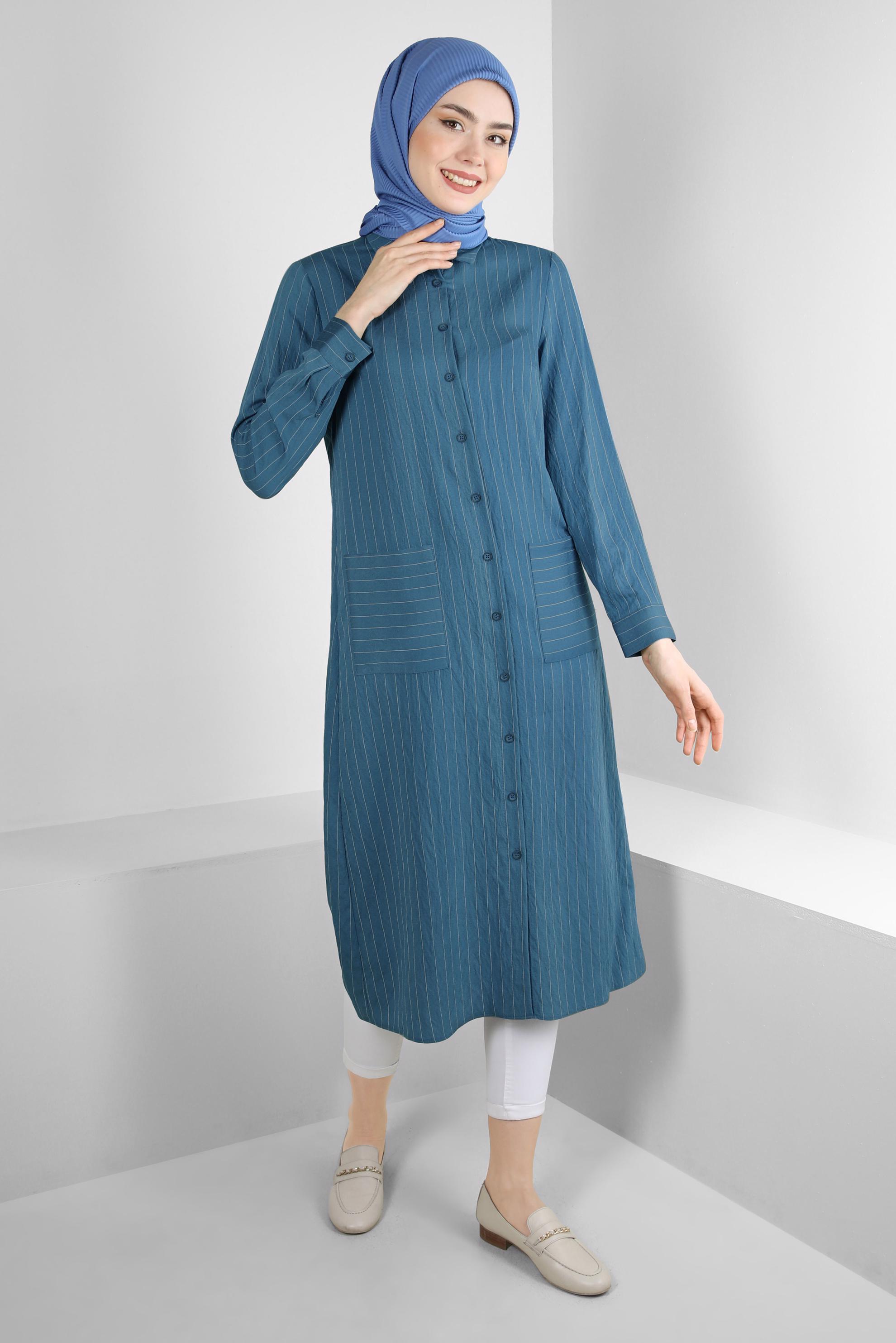 Tesettür giyim LACİVERT ÇİZGİLİ CEP DETAYLI GÖMLEK TUNİK 43770
