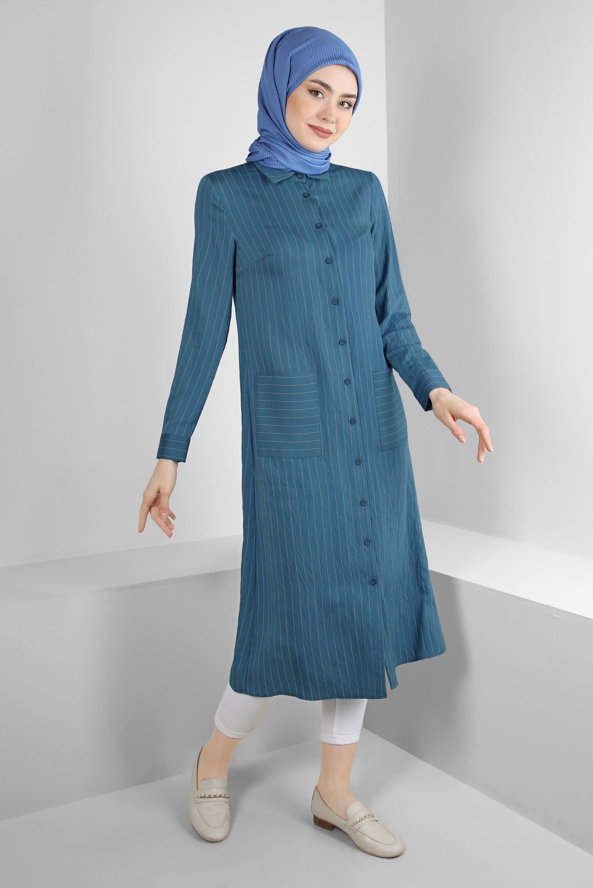 Tesettür giyim LACİVERT ÇİZGİLİ CEP DETAYLI GÖMLEK TUNİK 43770