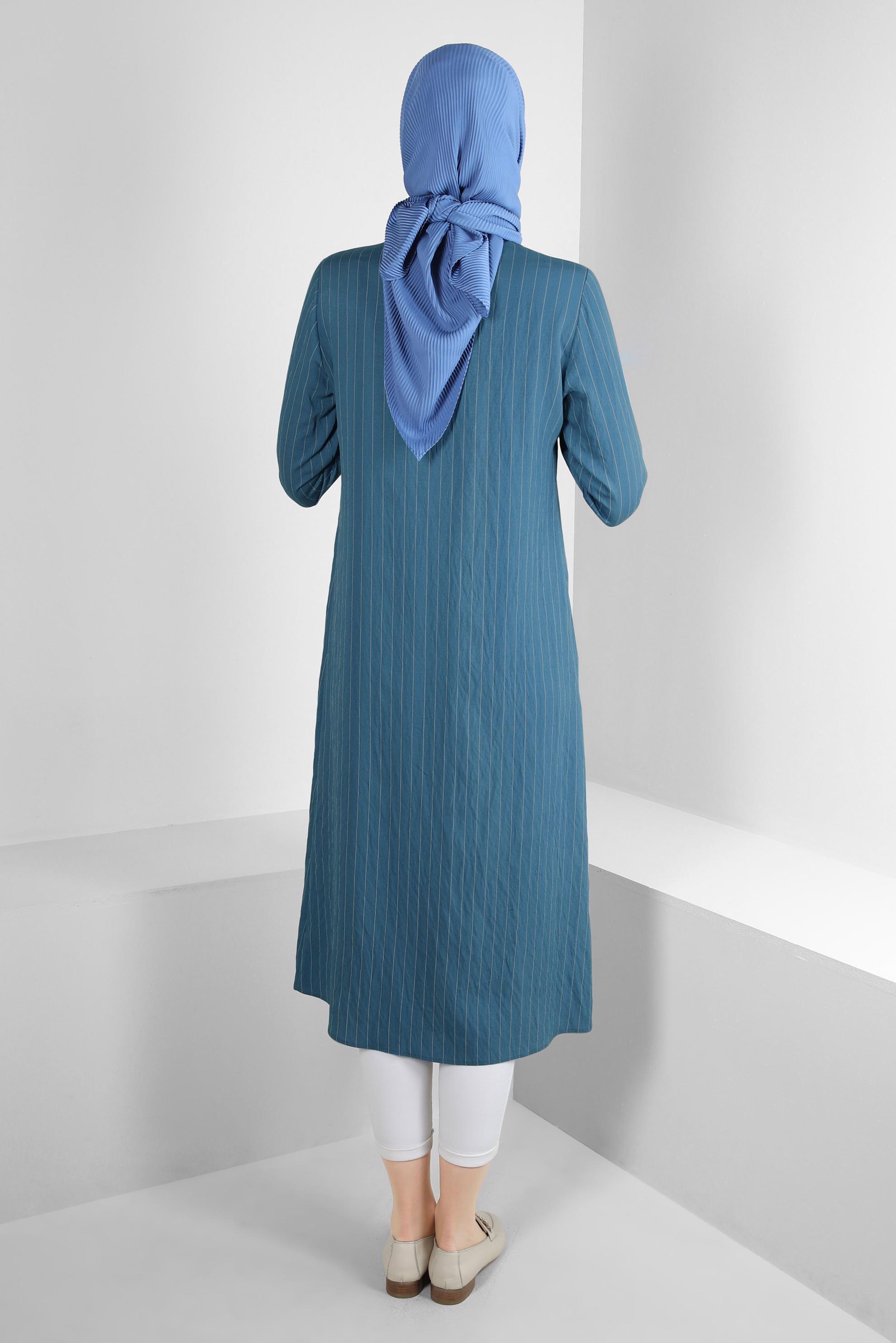 Tesettür giyim LACİVERT ÇİZGİLİ CEP DETAYLI GÖMLEK TUNİK 43770